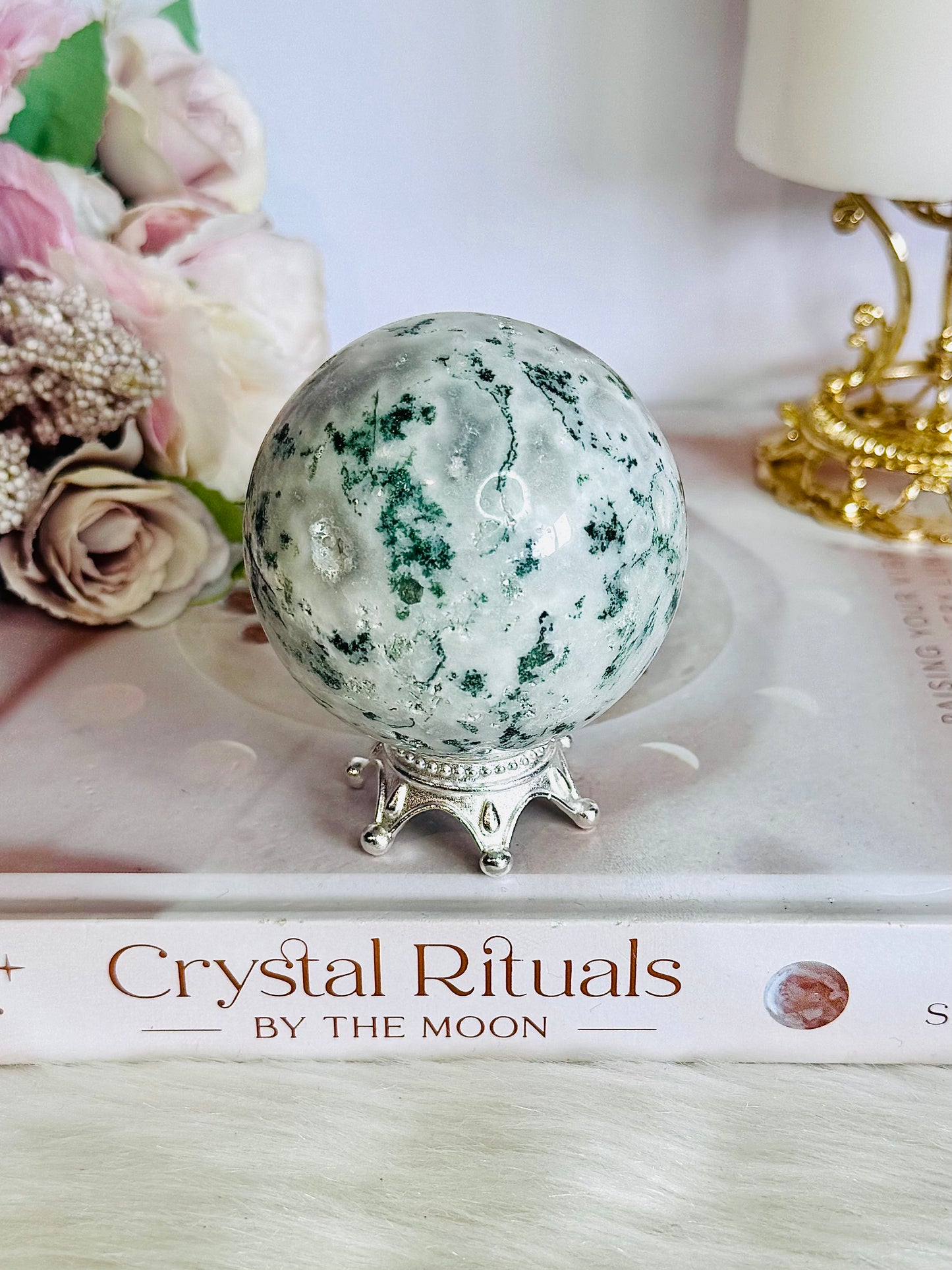 Peace & Tranquility ~ Moss Agate Sphere 269grams On Stand (Sphere has imperfections see pics)