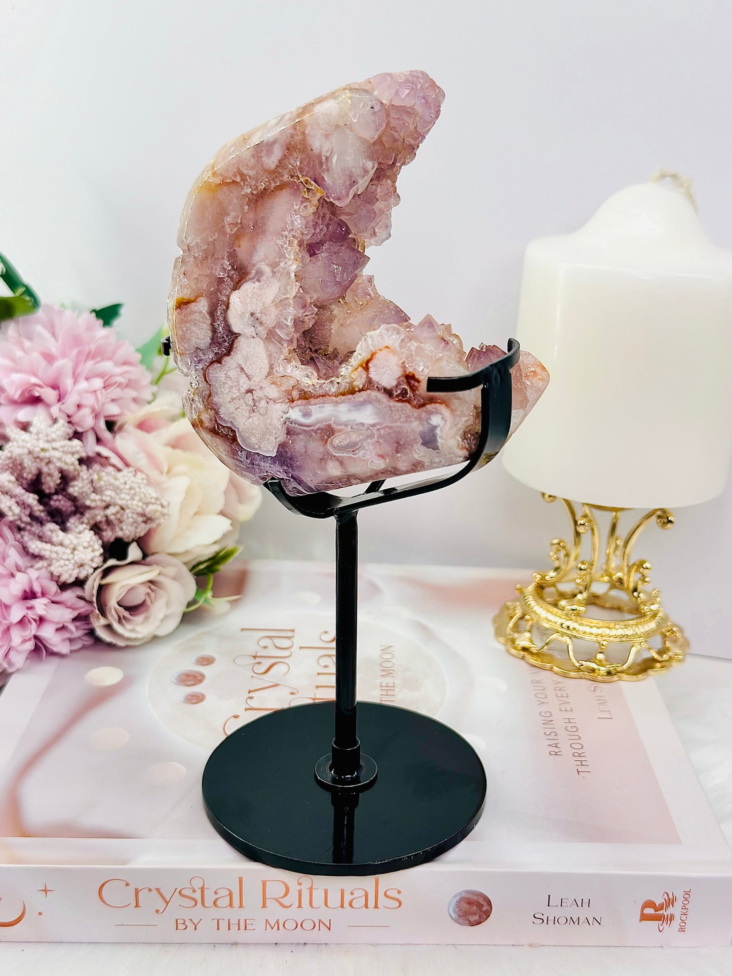 Rare Pink Amethyst X Flower Agate Druzy Natural Freeform On Stand 646g 19cm