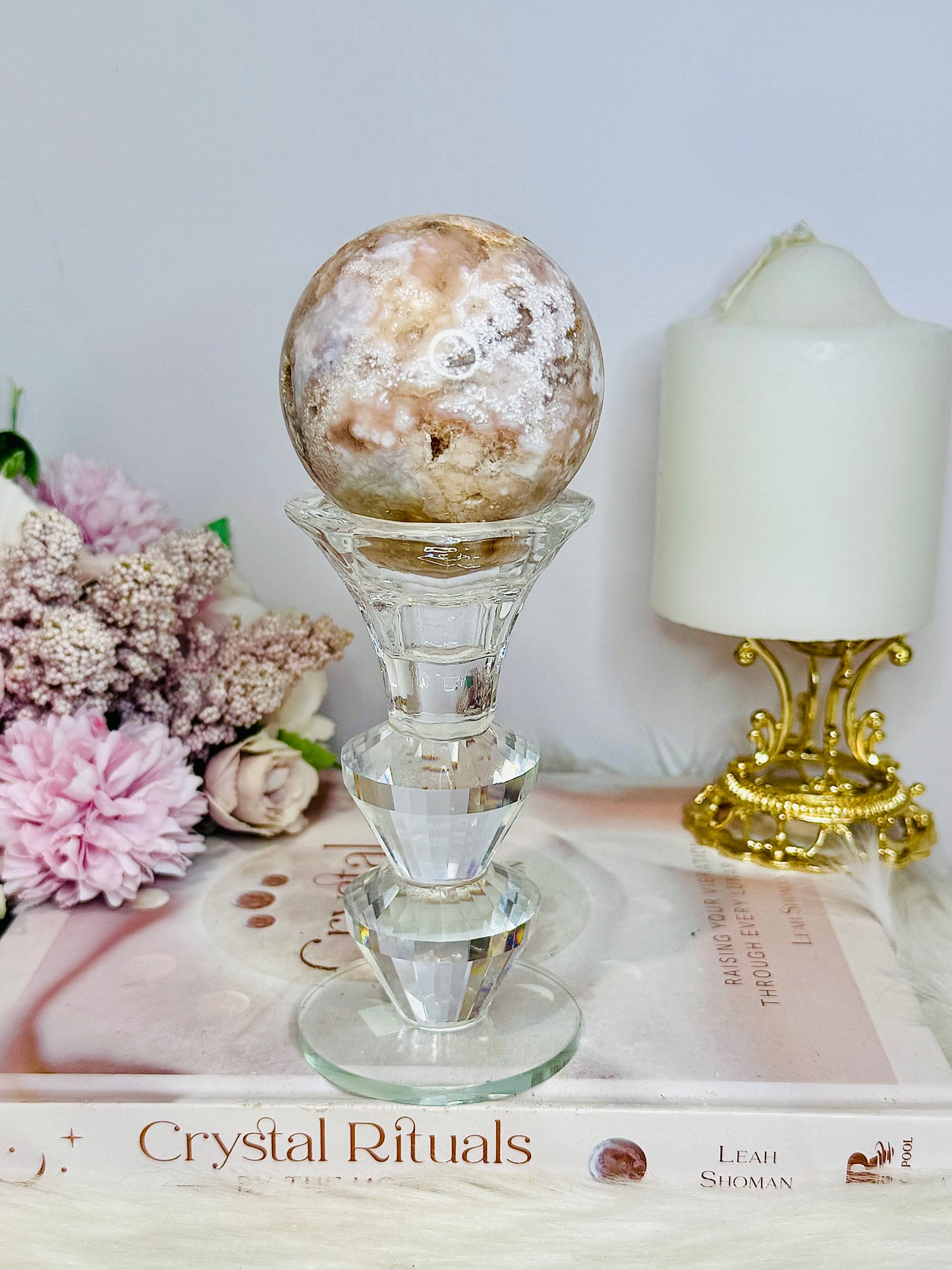 Large Flower Agate Sphere 306g On Glass Stand