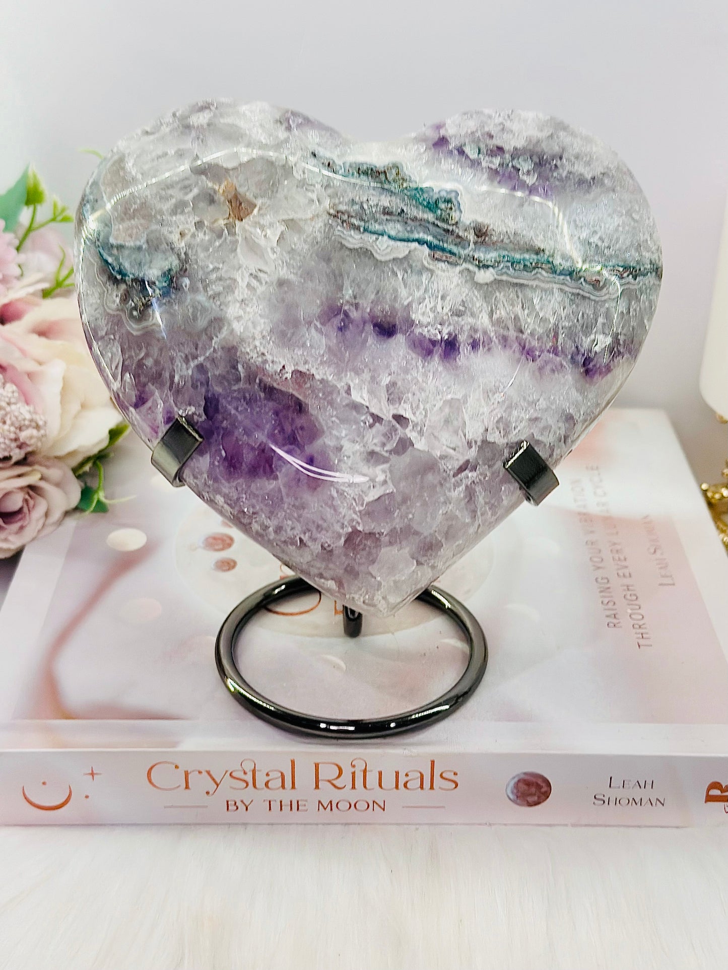 Fabulous High Grade Large 15cm 978gram Druzy Pink Amethyst Heart On Stand
