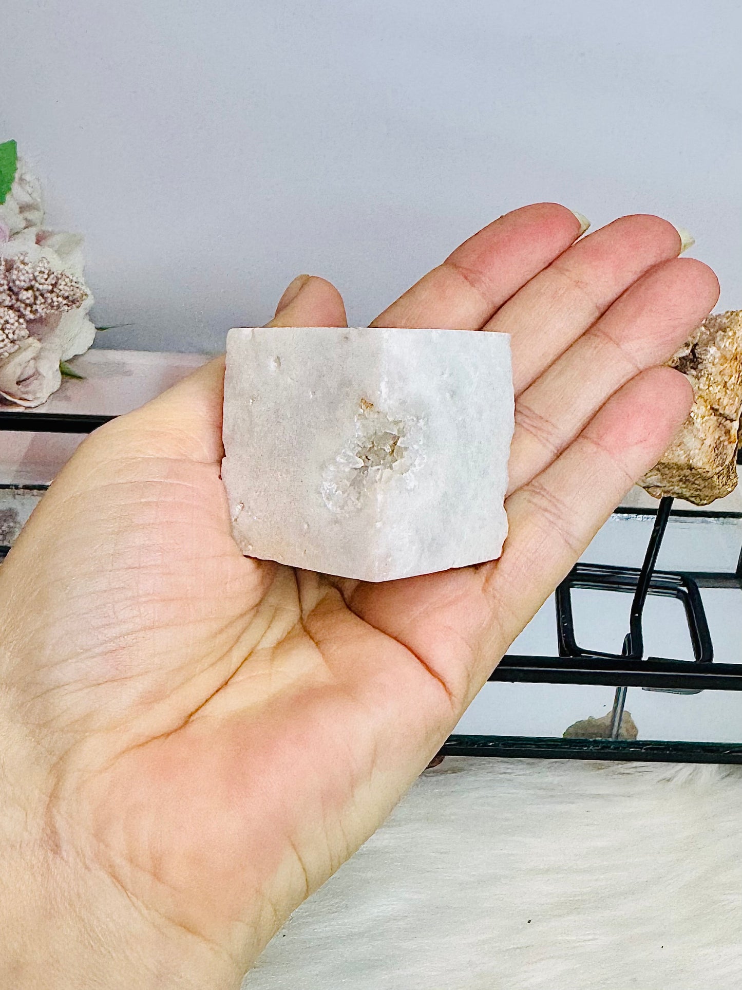 Pink Amethyst Gift Set ~ Black Mirror Tray 26cm, Large Pink Amethyst Obelisk Tower, Pink Amethyst Geode on Stand & Pink Amethyst Druzy Cube