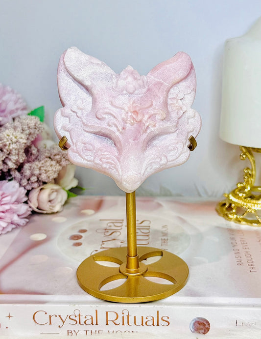 Pink Opal Carved Fox Head On Gold Stand 14.5cm