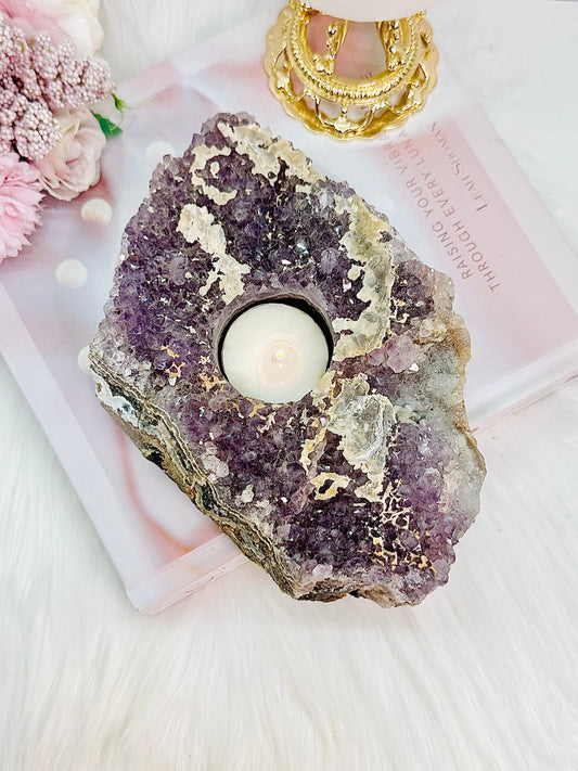 Large 1.26KG 20cm Amethyst Cluster Candle Holder With Calcite Inclusions From Brazil