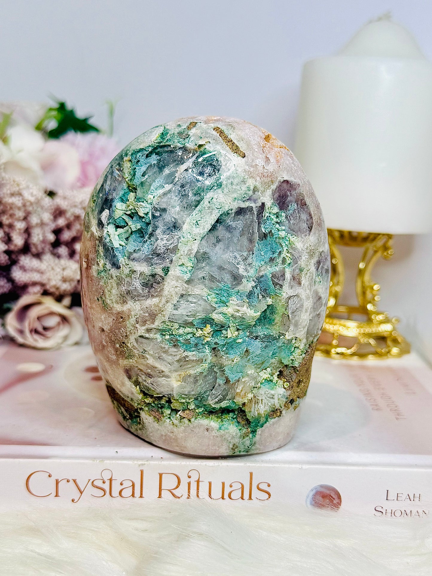 Large Natural Pink Amethyst Base Cut Freeform Cluster with Green Jasper Inclusions 962g