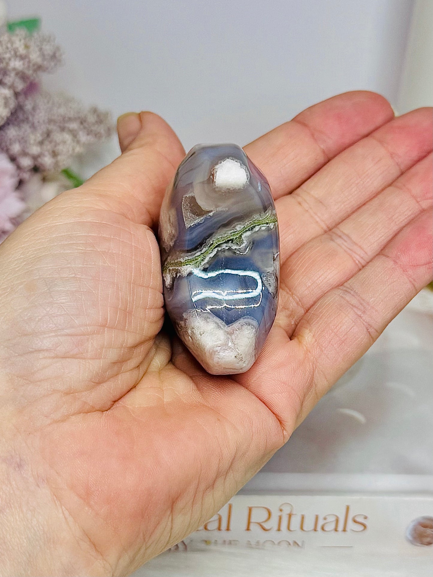 Chunky Flower Agate Carved Moon