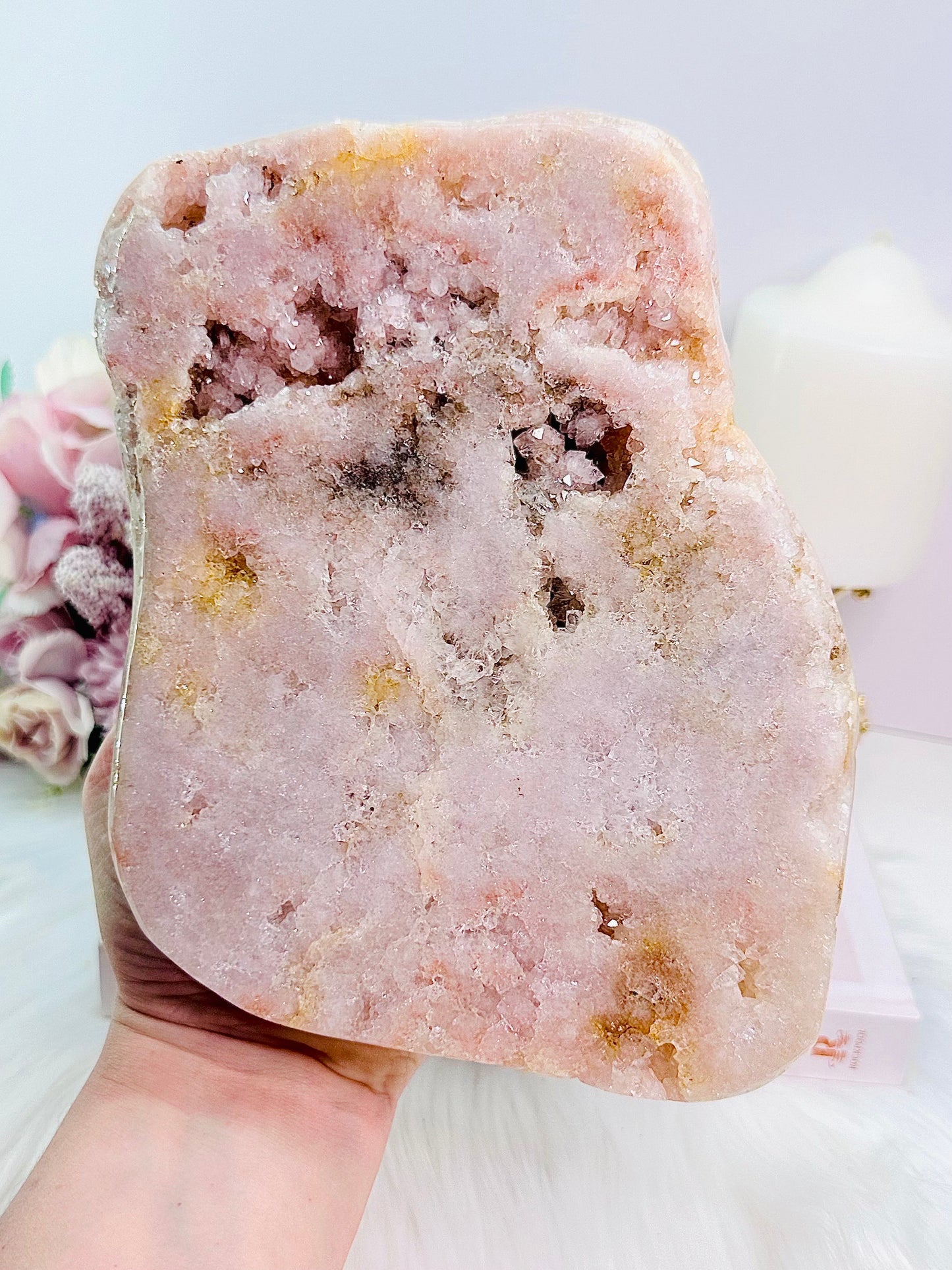 Huge 20cm Chunky 1.2KG Druzy Pink Amethyst Slab | Platter from Argentina On Stand