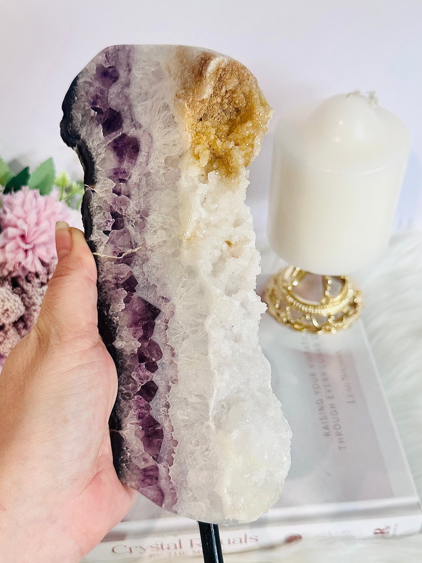 Divine Tall Large 1.34Gram 30cm Sparkling Sugar Druzy Amethyst Chunky Slice On Stand From Brazil
