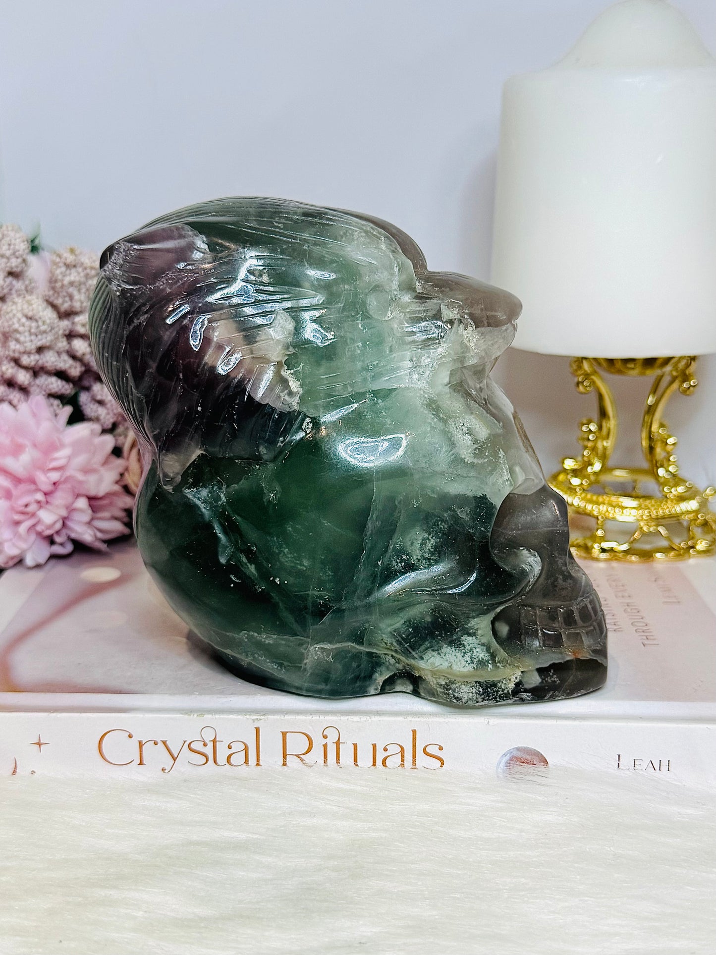 Large Fluorite Carved Skull with Bear Head 1.68KG