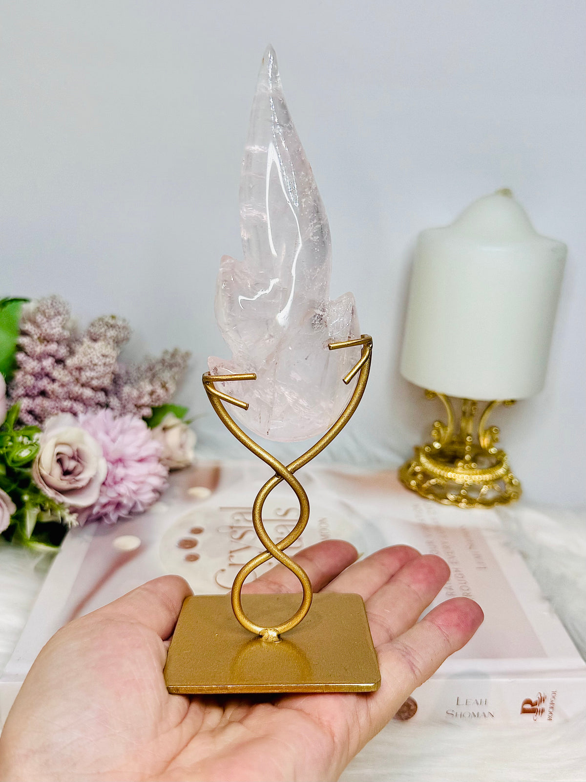 Rose Quartz Flame on Gold Stand 18cm