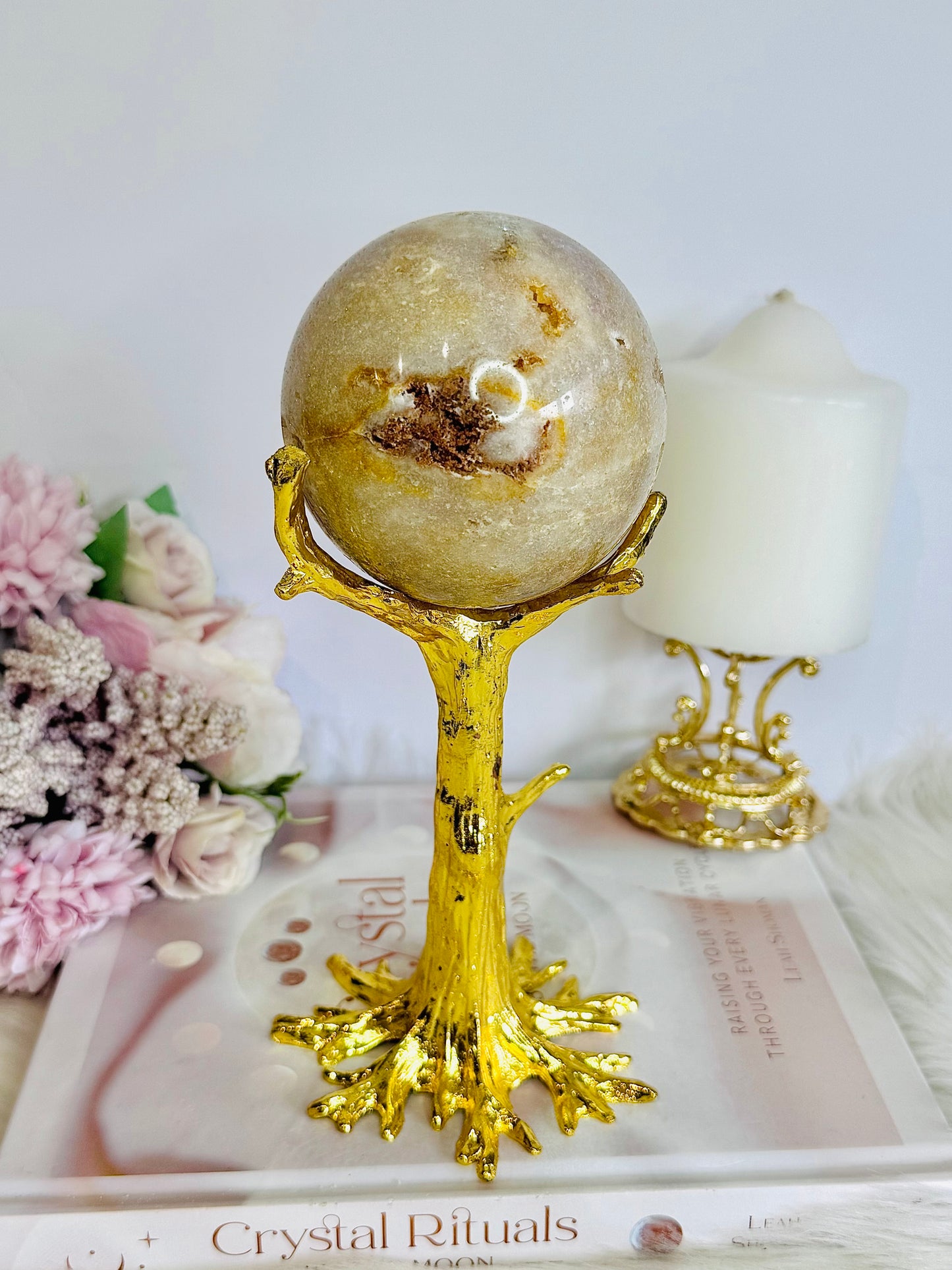 Stunning Druzy Pink Amethyst Large Sphere on Gold Tree Stand 578grams 20cm