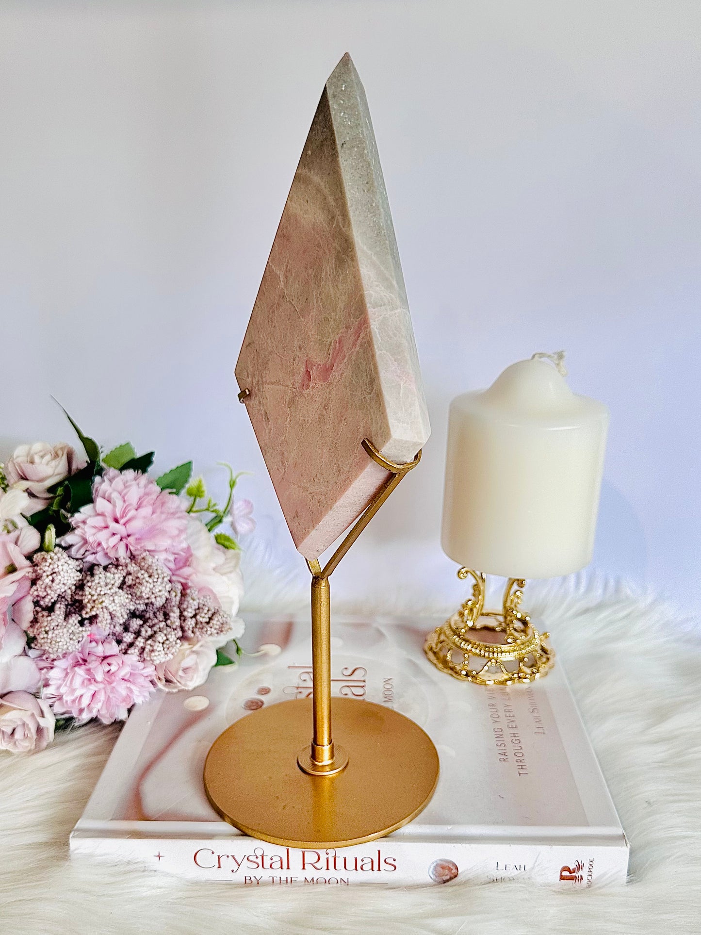 Classy & Fabulous Large Tall 27cm Pink Opal Diamond On Gold Stand 664grams ~ Simply Stunning Piece