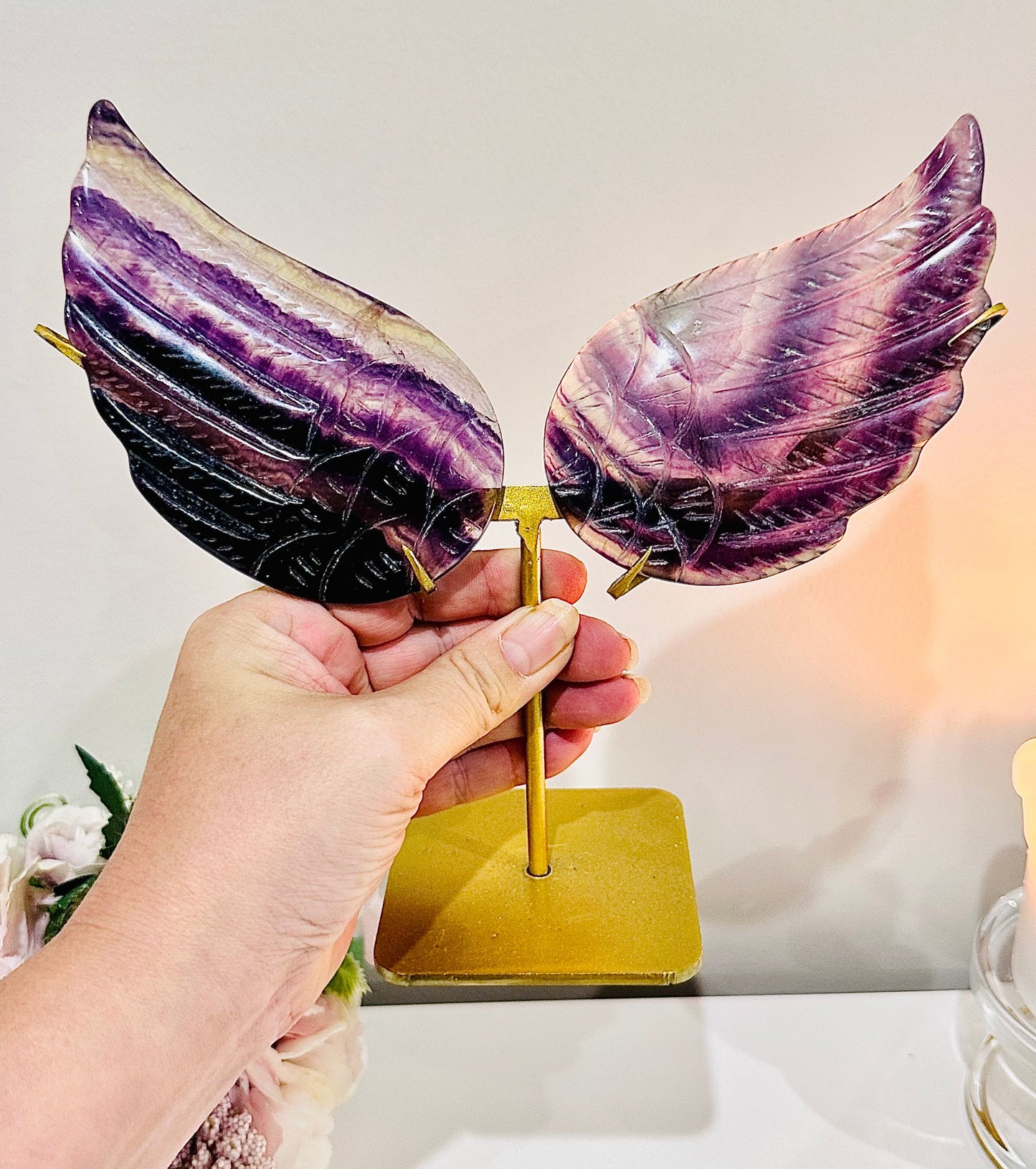Purple Fluorite Wings on Gold Stand 20cm Tall (Inc Stand)