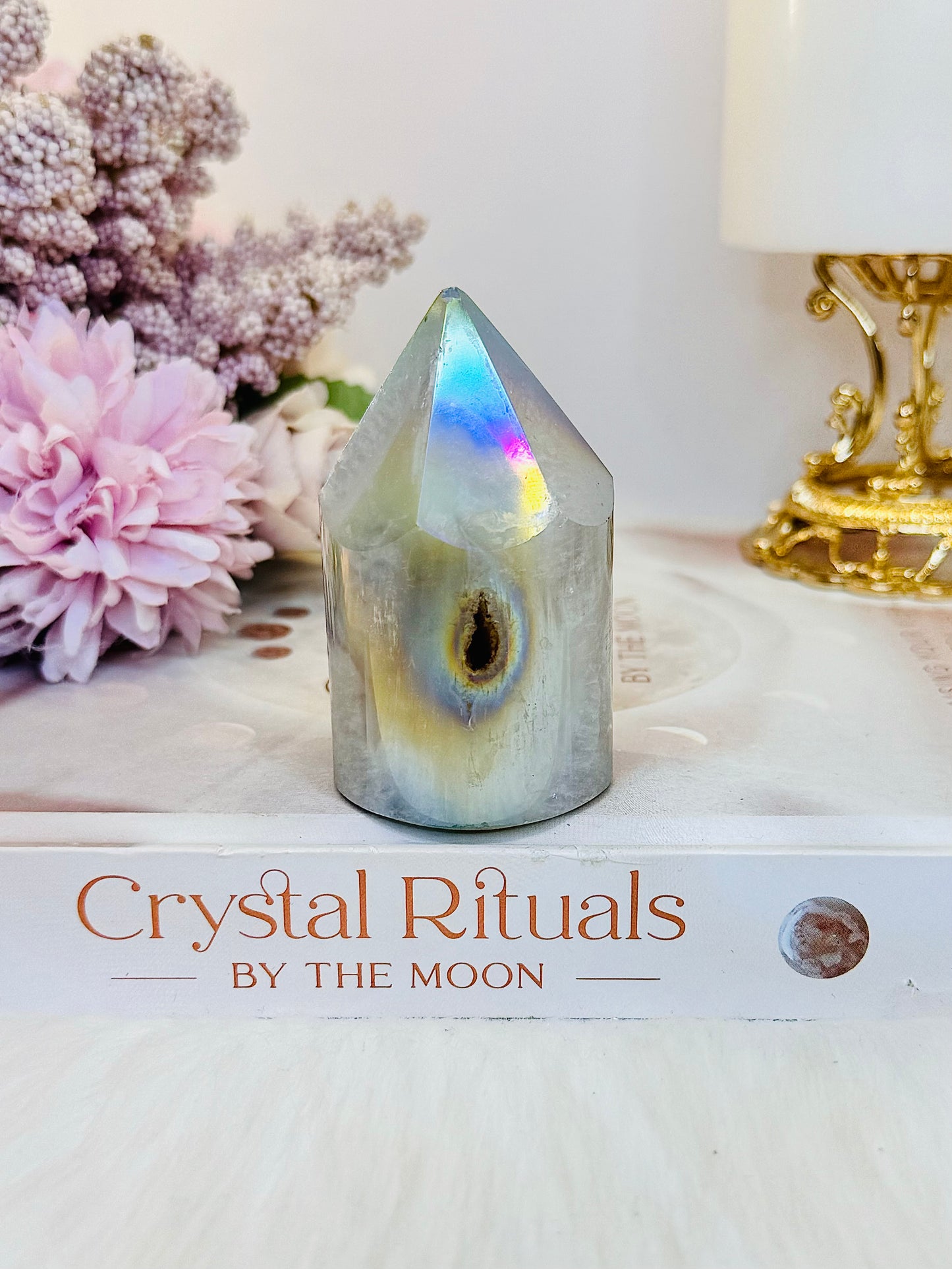 Beautiful 7cm Angel Aura Druzy Agate Tower | Cylinder (Reduced as tip is chipped)