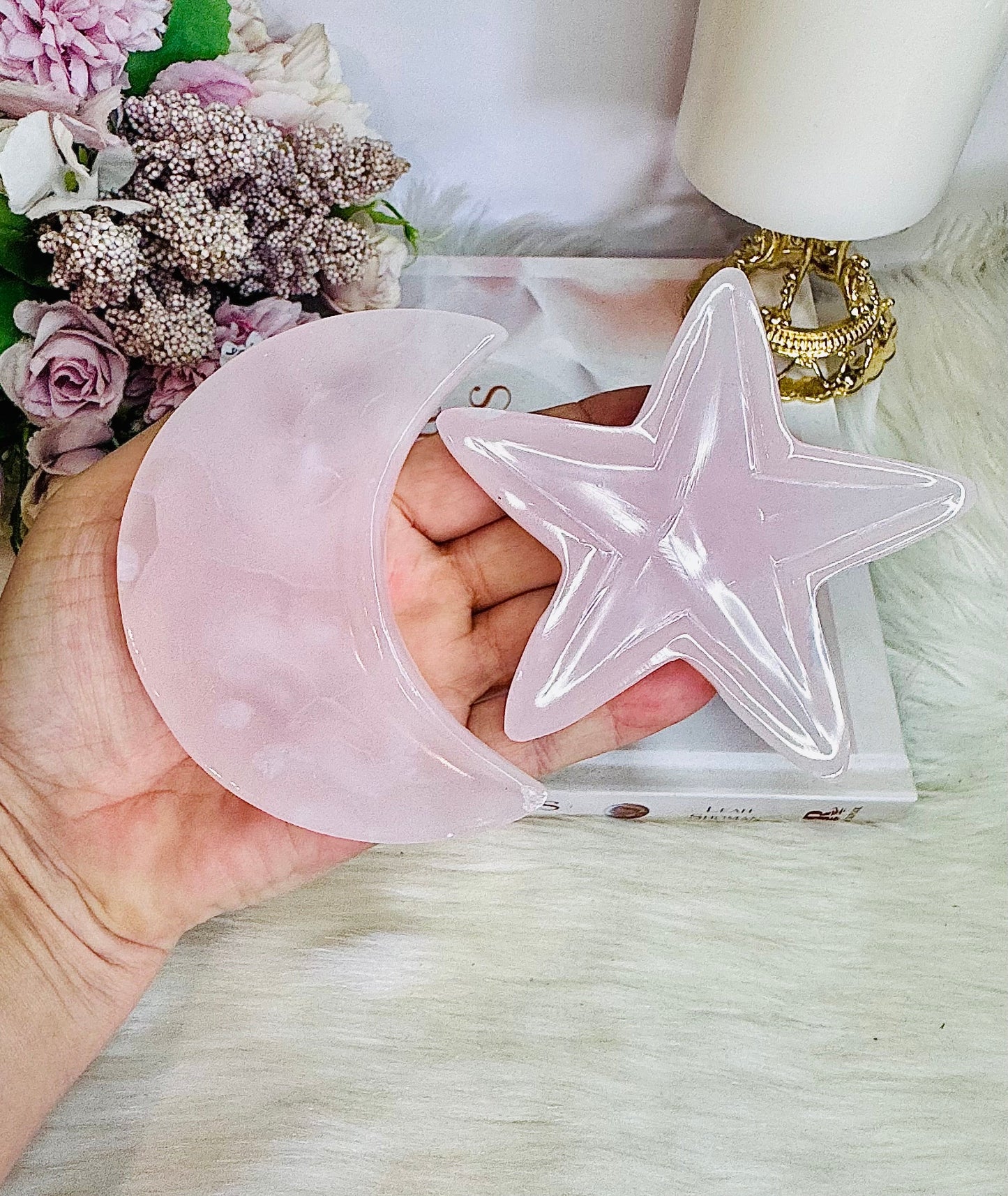 Pink Mangano Calcite UV Reactive Carved Moon & Star Bowl Set