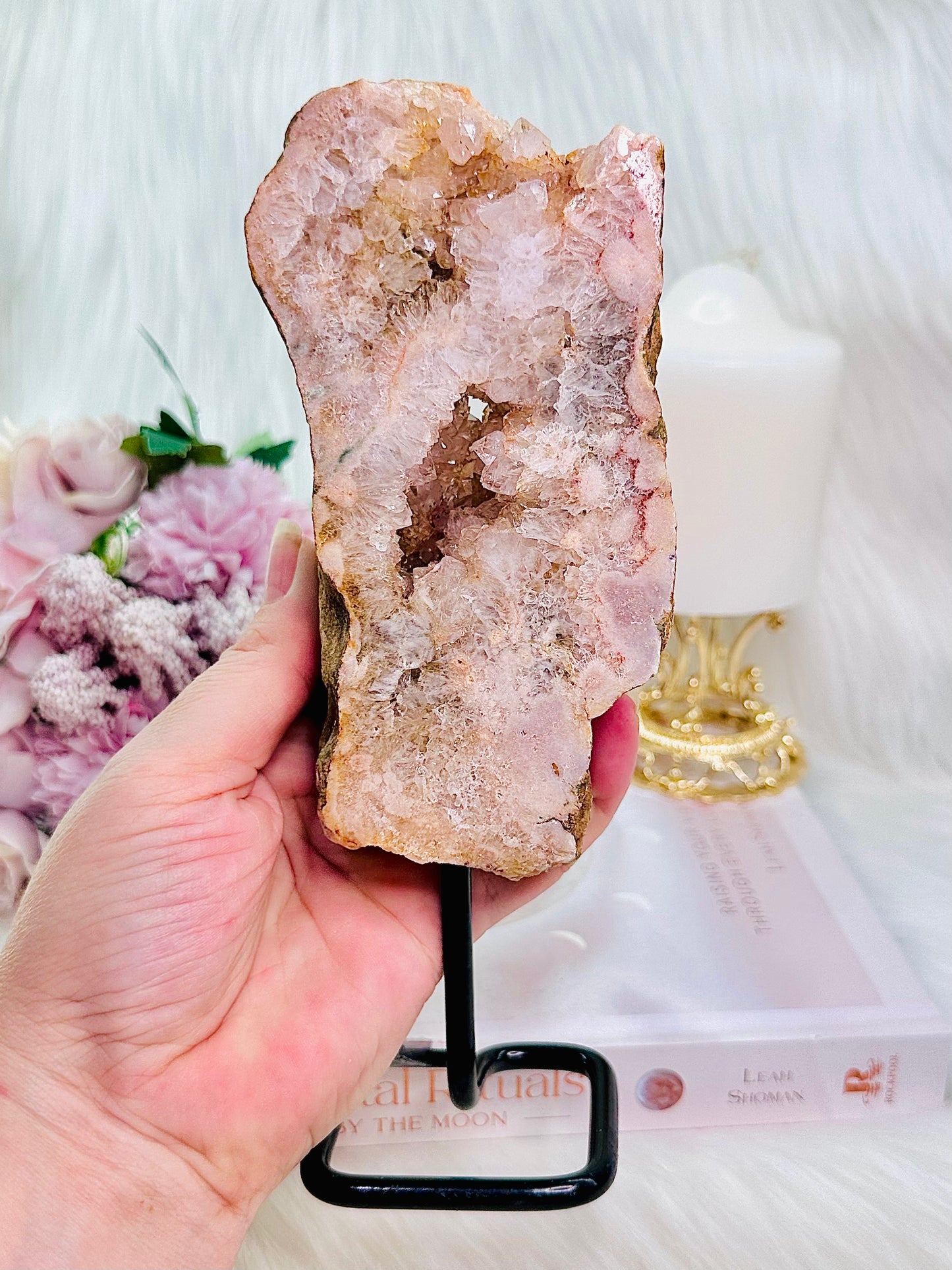 Classy & Fabulous Large Chunky 20cm 685gram Druzy Pink Amethyst Slab On Stand From Brazil with Stunning Crystallisation