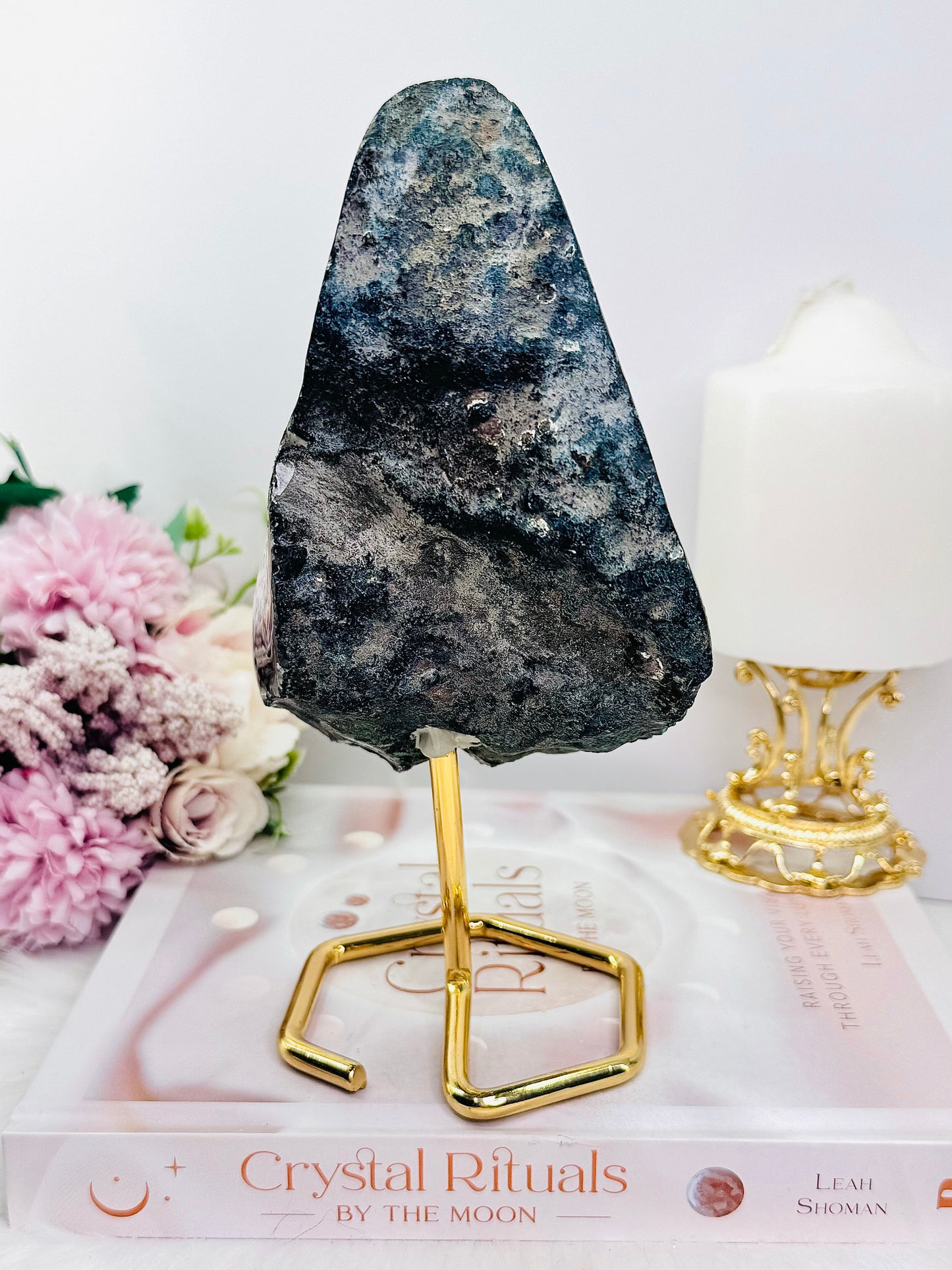 Large 20cm 1.1KG Natural Amethyst Agate Cluster Freeform on Gold Stand