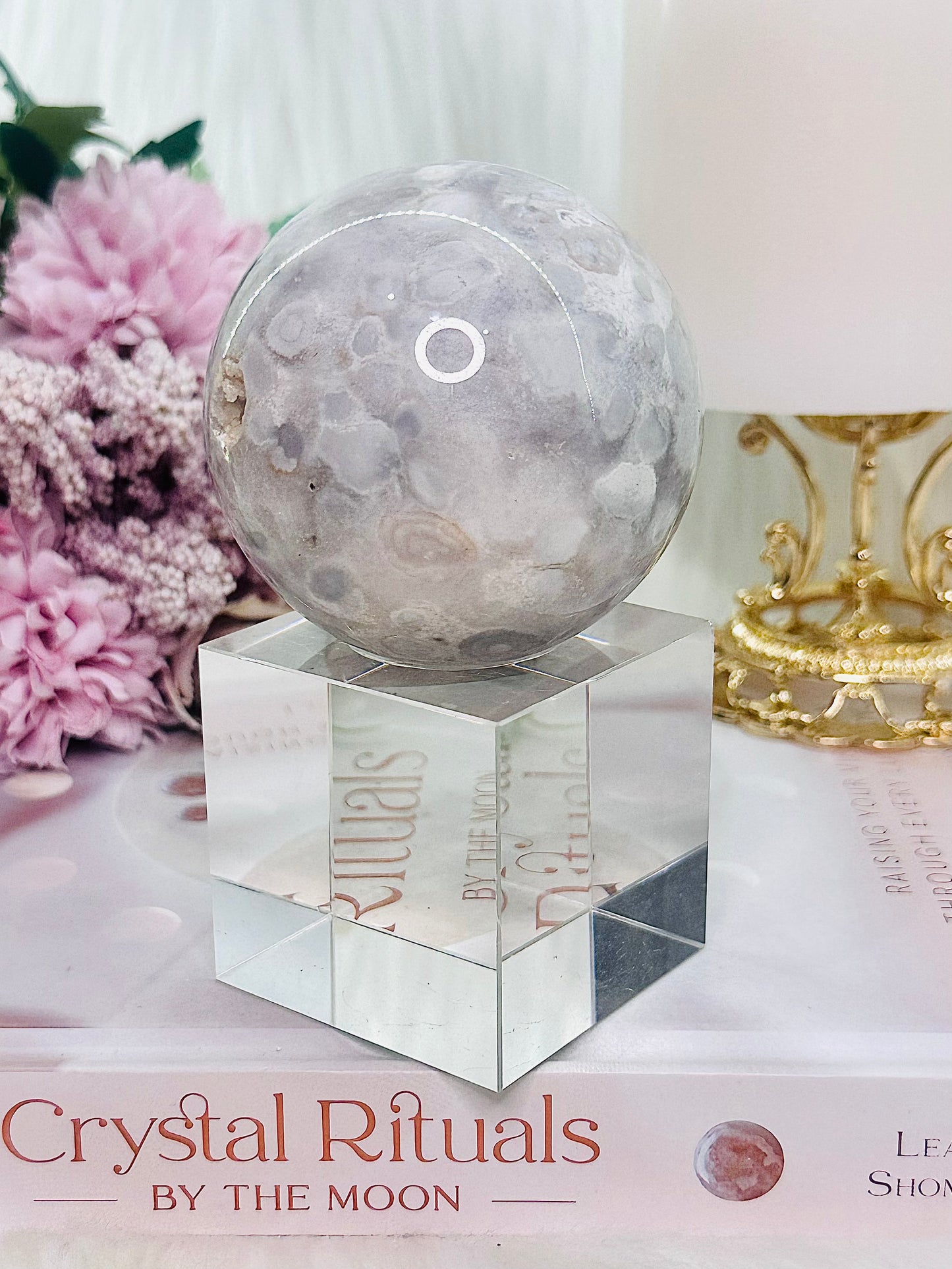 Pink Amethyst Druzy Sphere on Stand 381Grams From Brazil (Glass stand in pic is display only)