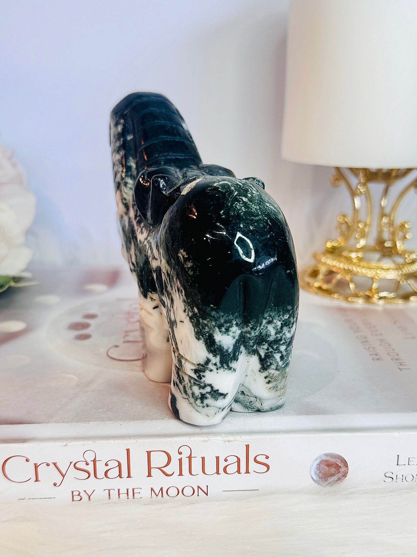 Beautiful Large Green Moss Agate Carved Hippopotamus 14cm 475grams