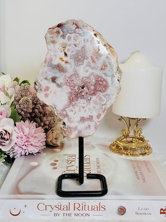 Stunning Large Natural Pink Amethyst Polished Druzy Slab On Stand 21cm