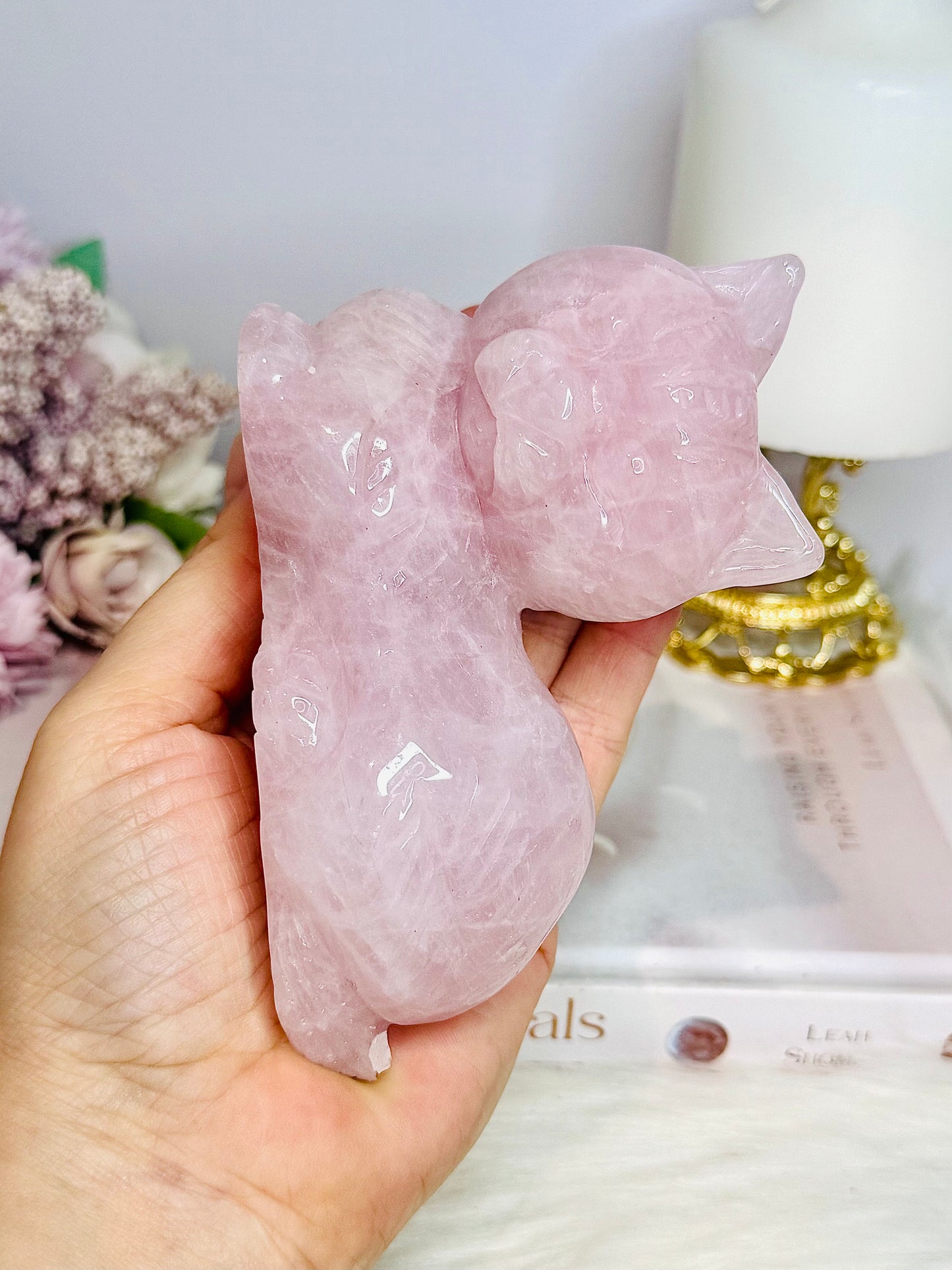 Large Rose Quartz Carved Cat 11cm 488g (Small Chip On Tail)