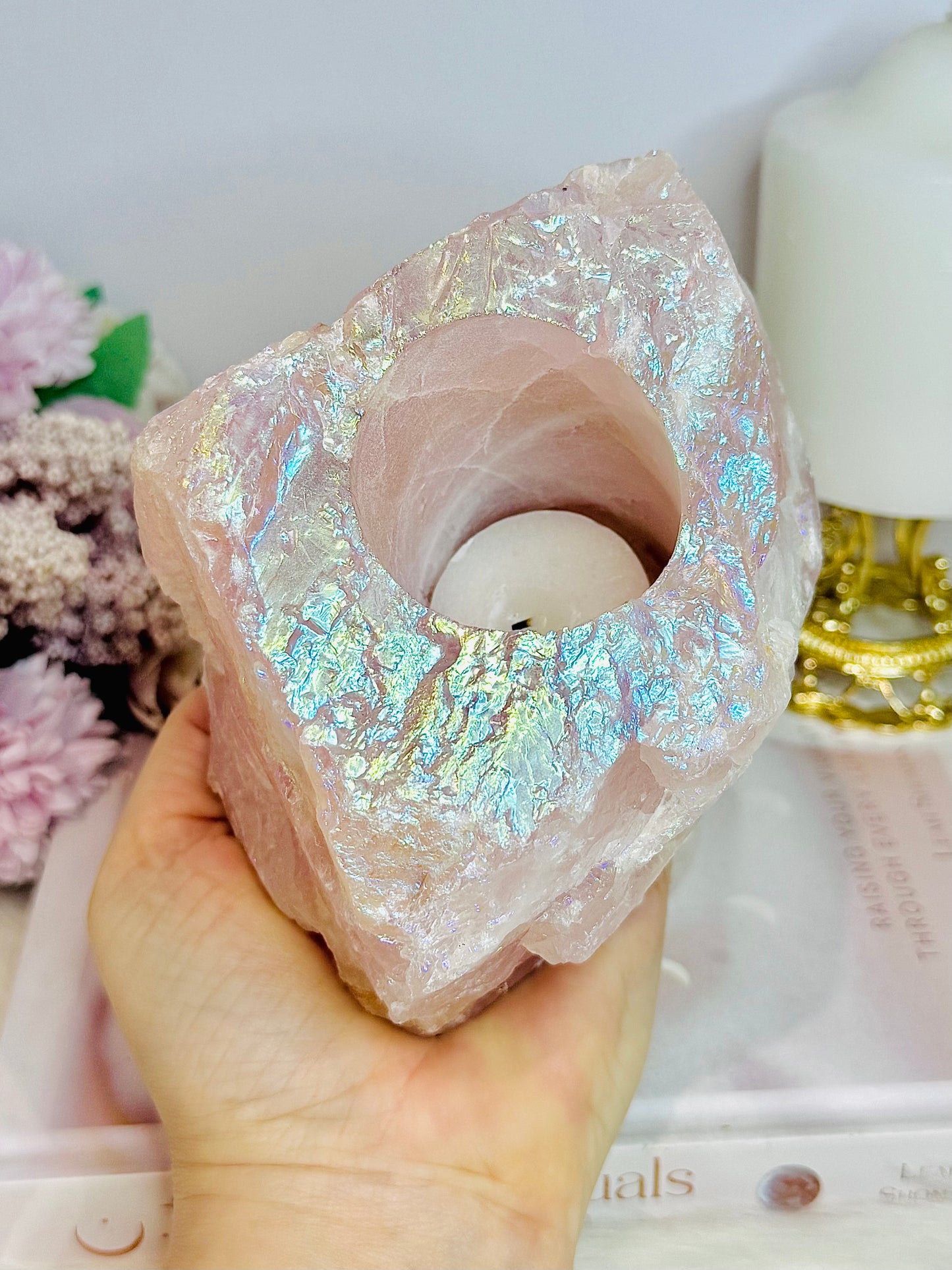 Large Chunky 1.2KG 14cm Angel Aura Rose Quartz Candle Holder