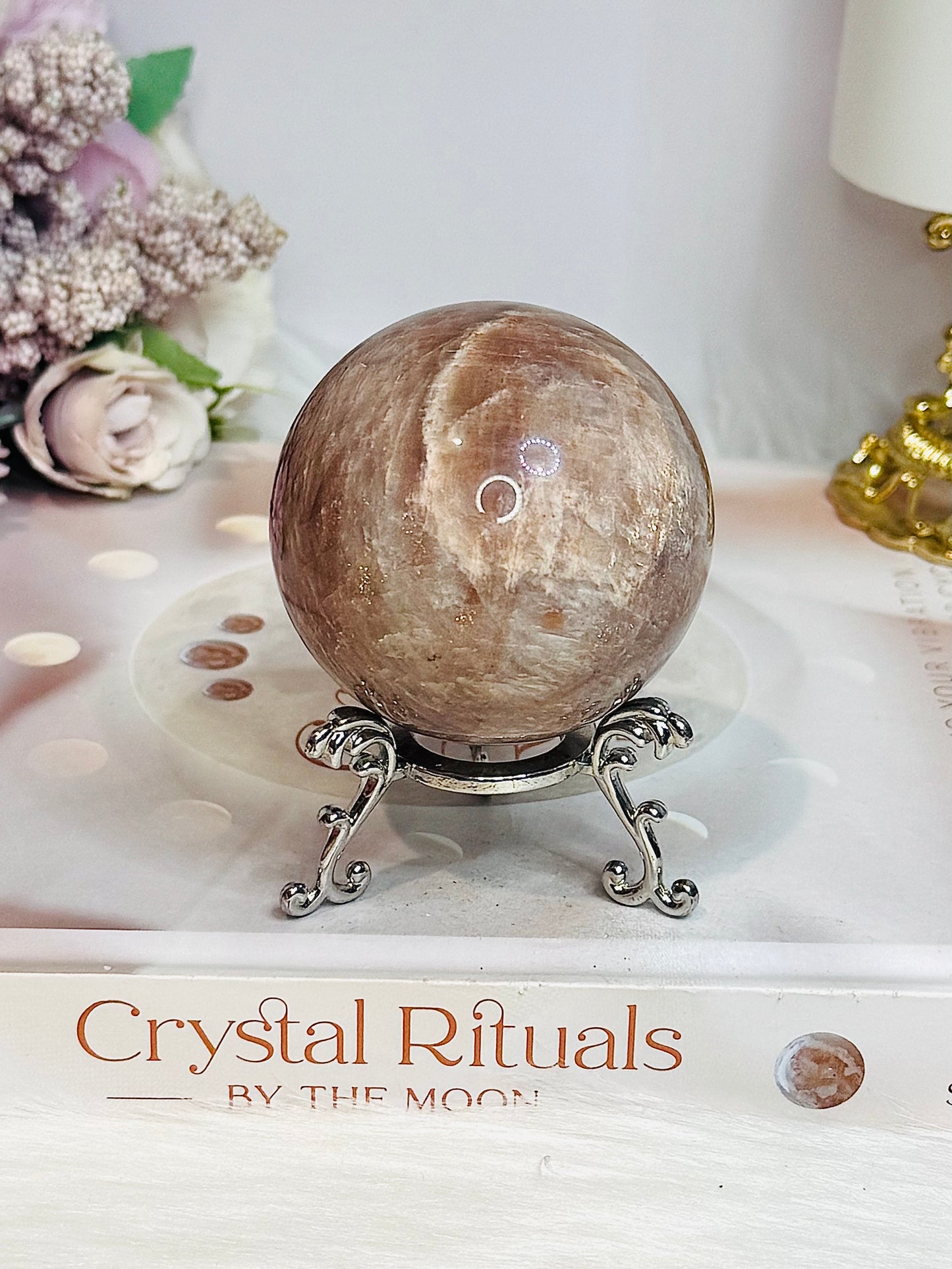 High Grade Moonstone X Sunstone Sphere On Stand 253g