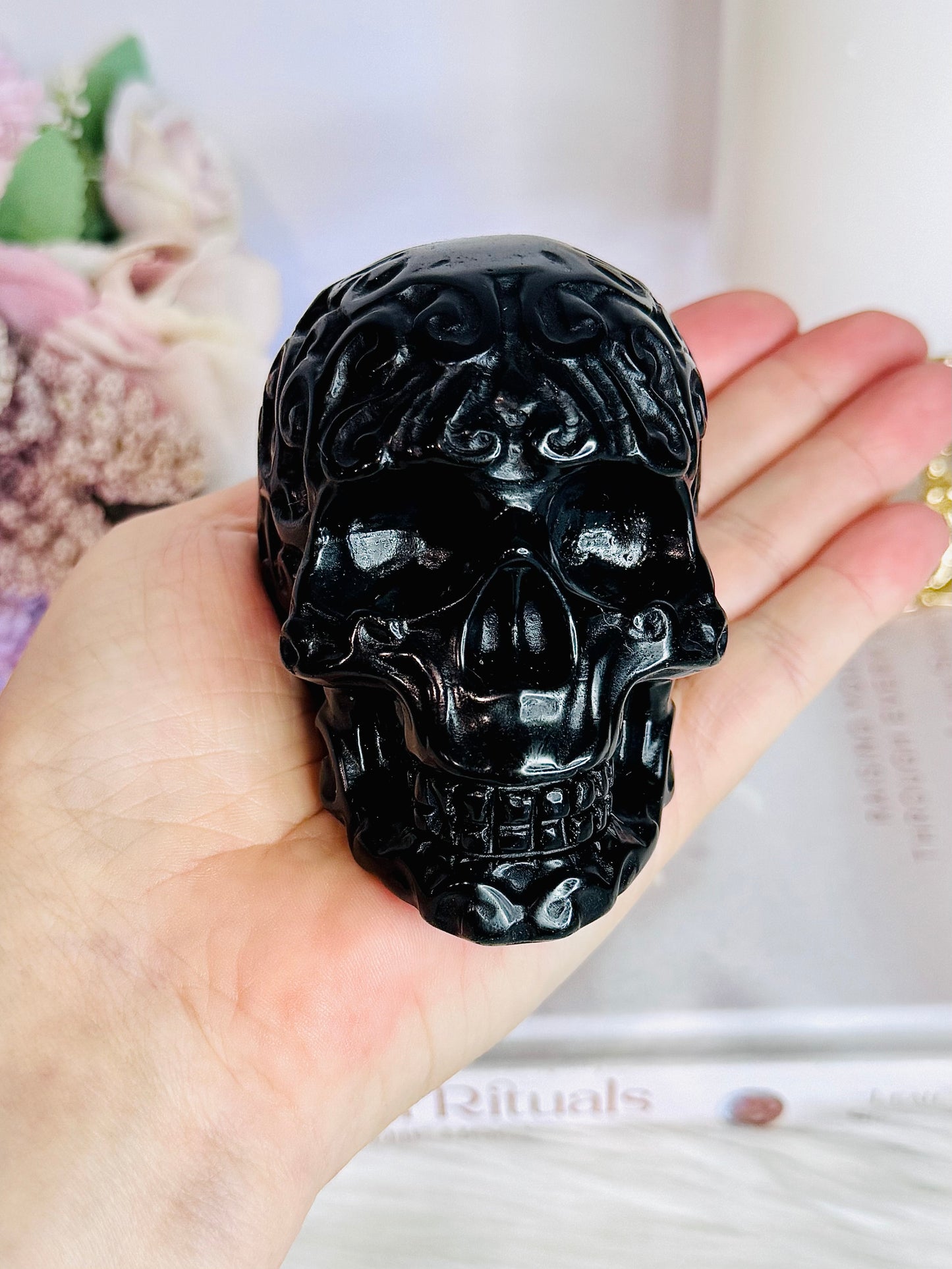 Black Obsidian Filigree Carved Skull 9cm 417g