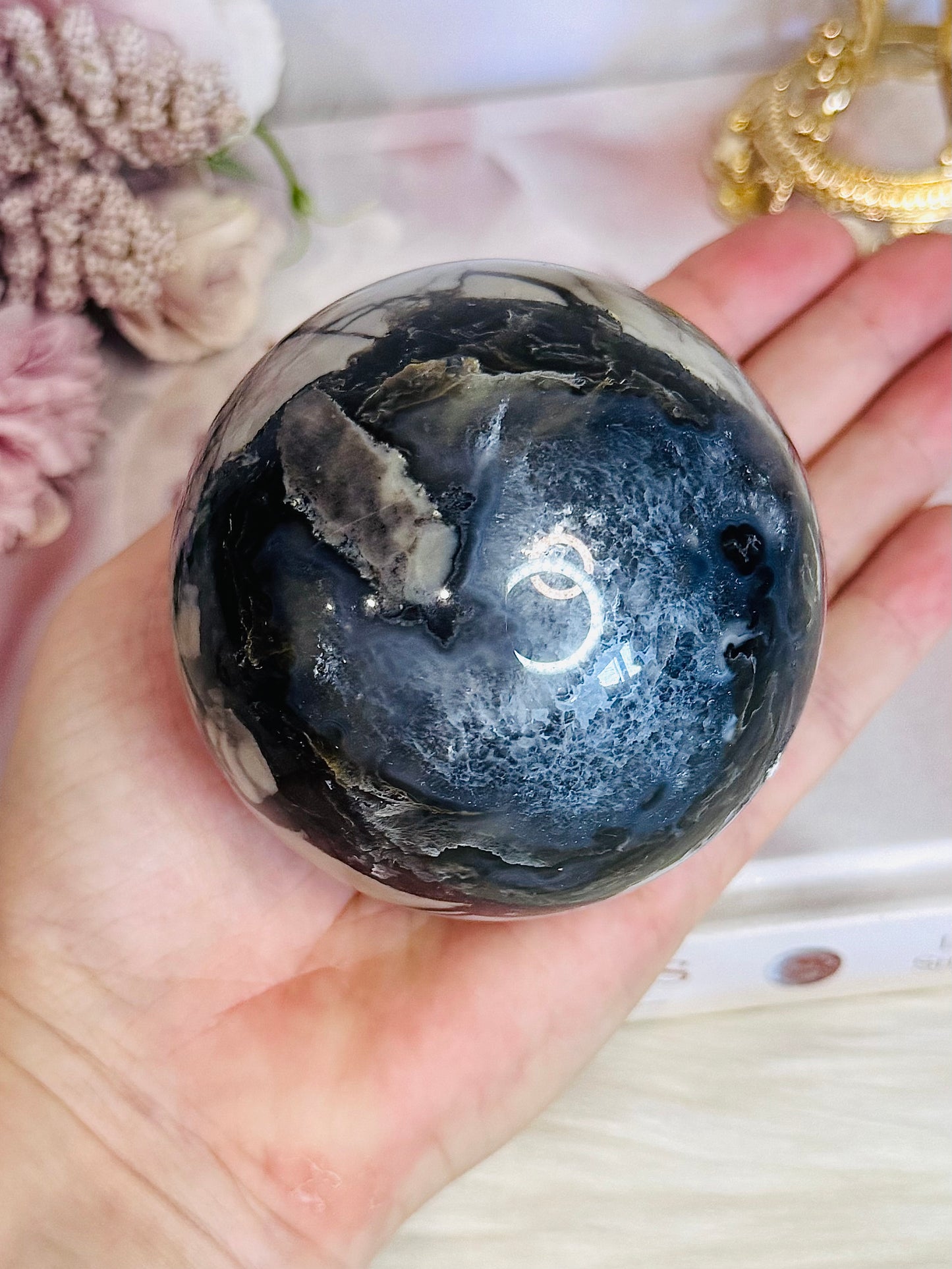 Natural Volcano Agate Druzy Sphere UV Reactive On Stand 607grams