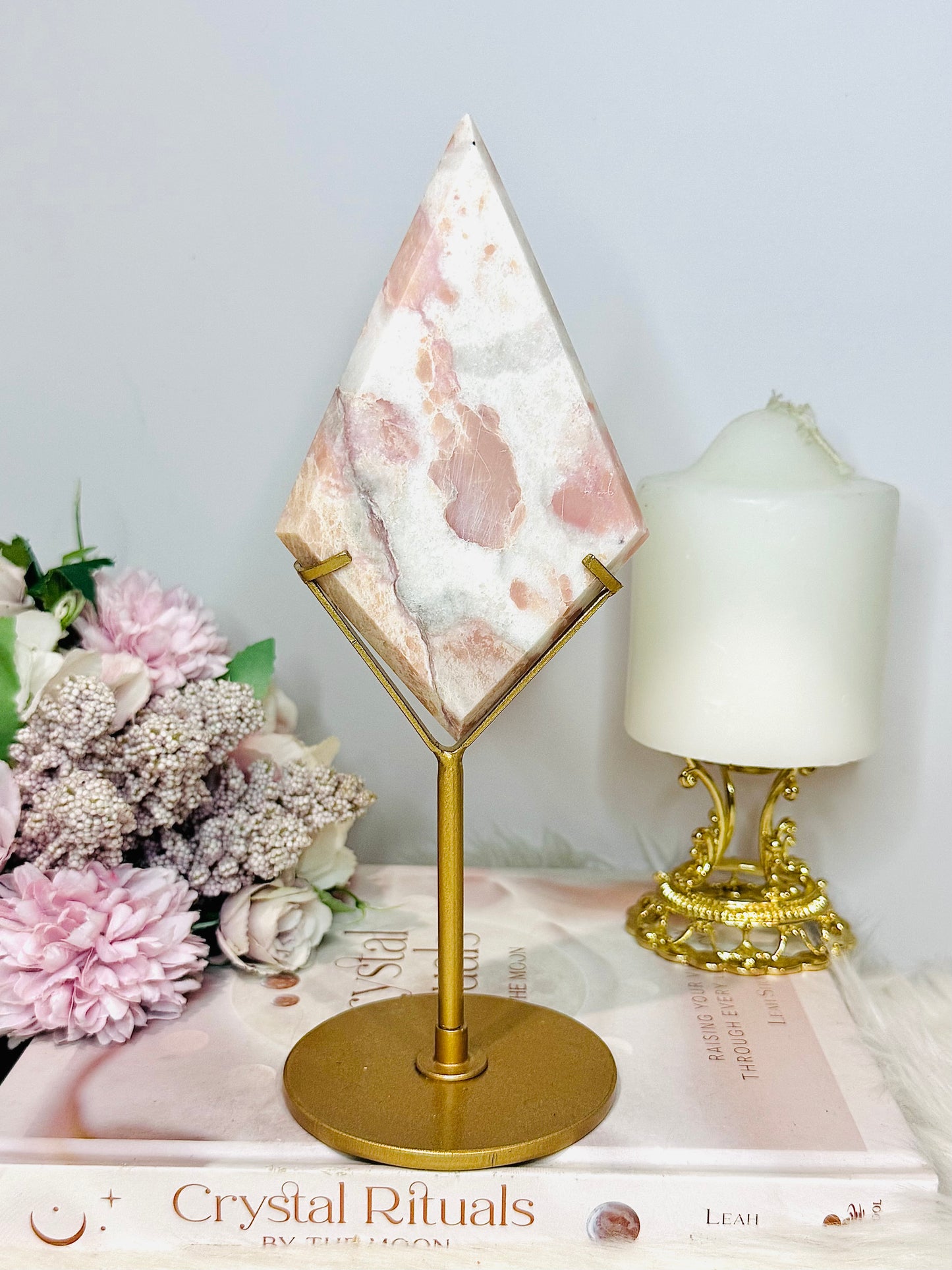 Large 22cm Pink Opal Diamond On Gold Stand