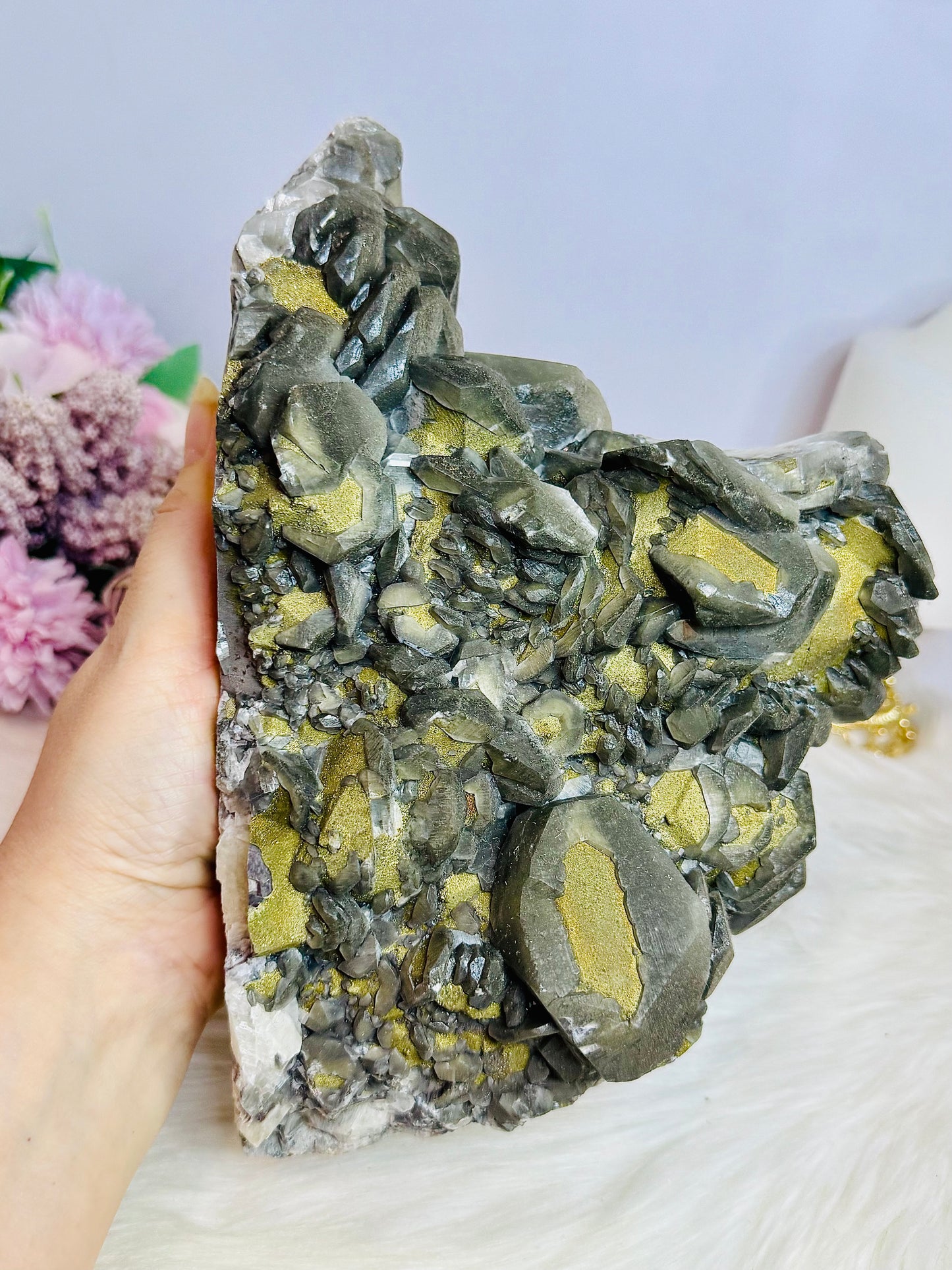 A Collectors Piece ~ Huge Black Benz Calcite Specimen with Pyrite 23cm 2.5KG