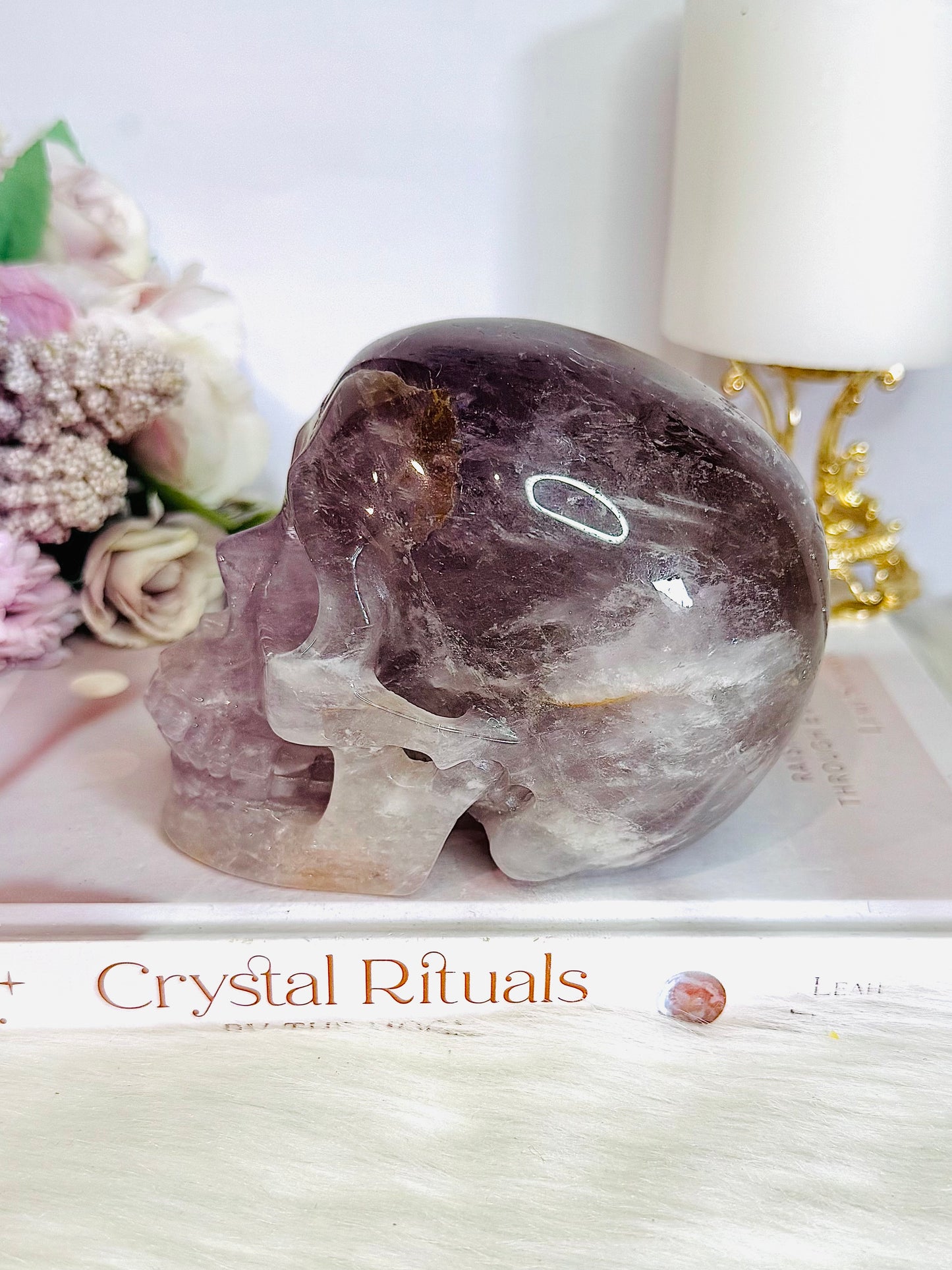 Huge 991gram High Grade Amethyst Carved Skull with Rainbows