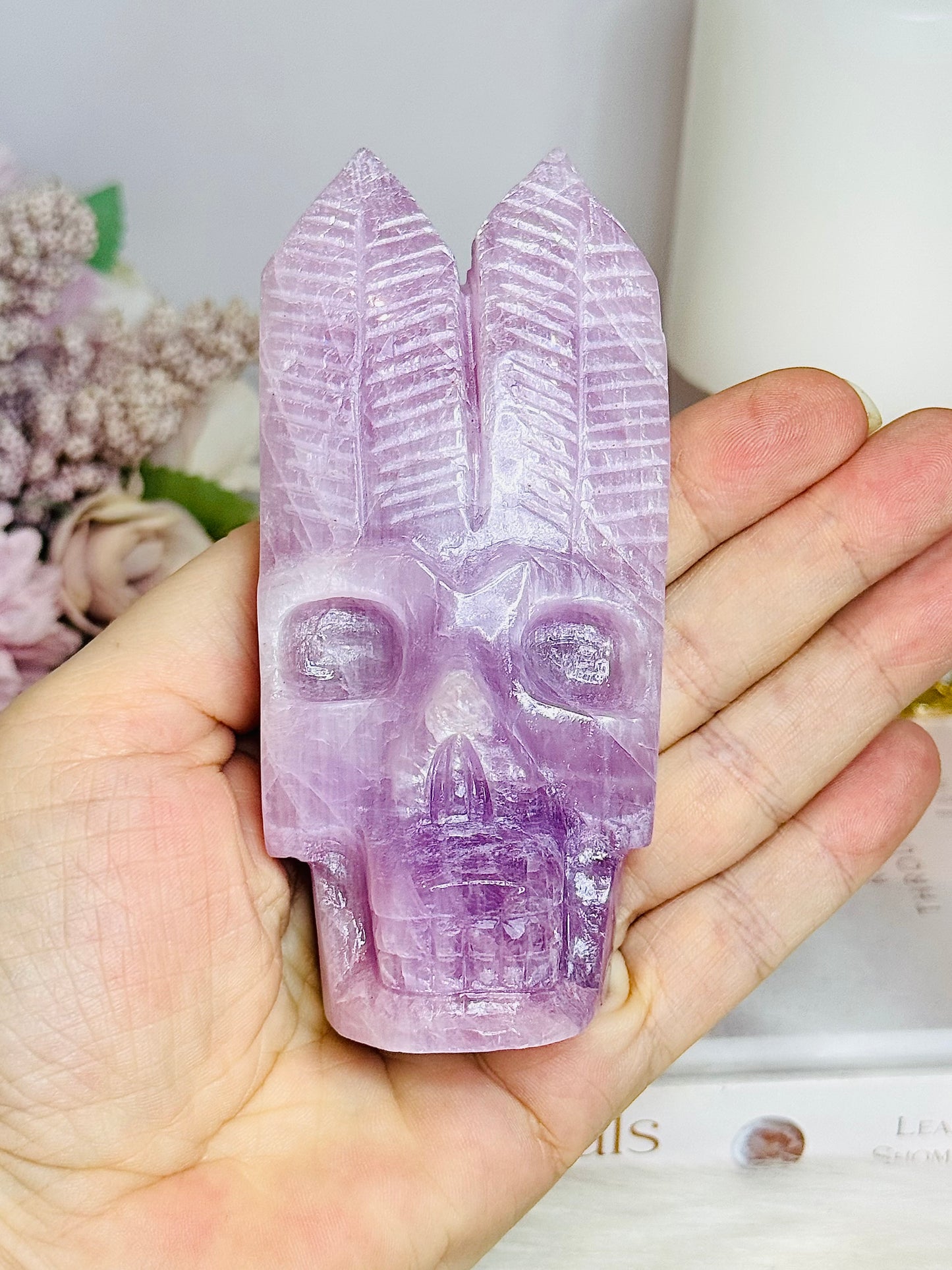 High Grade Kunzite Carved Indian Skull 11cm 242g