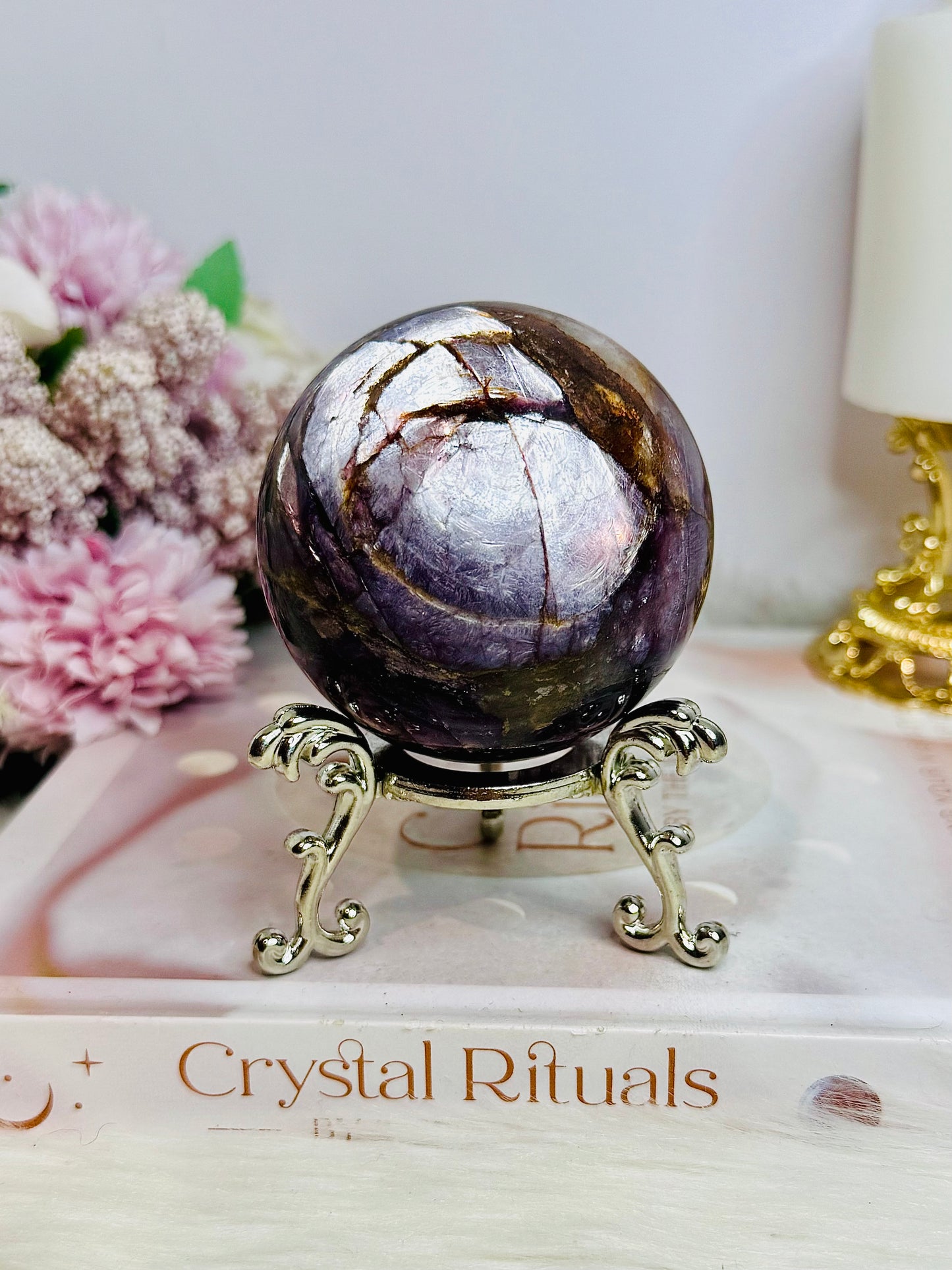 Large High Grade Purple Mica Sphere 448g On Stand