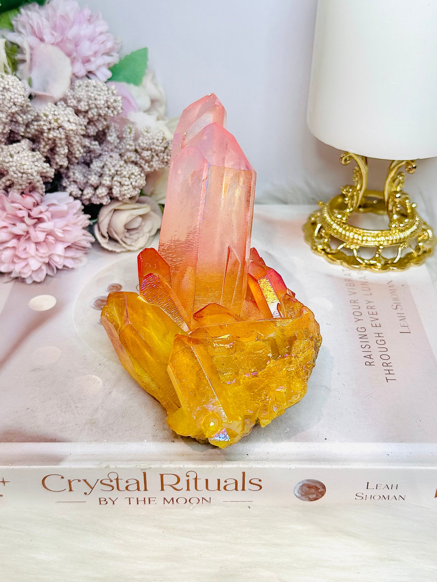 Orange & Pink Coated Angel Aura Quartz Cluster 424g