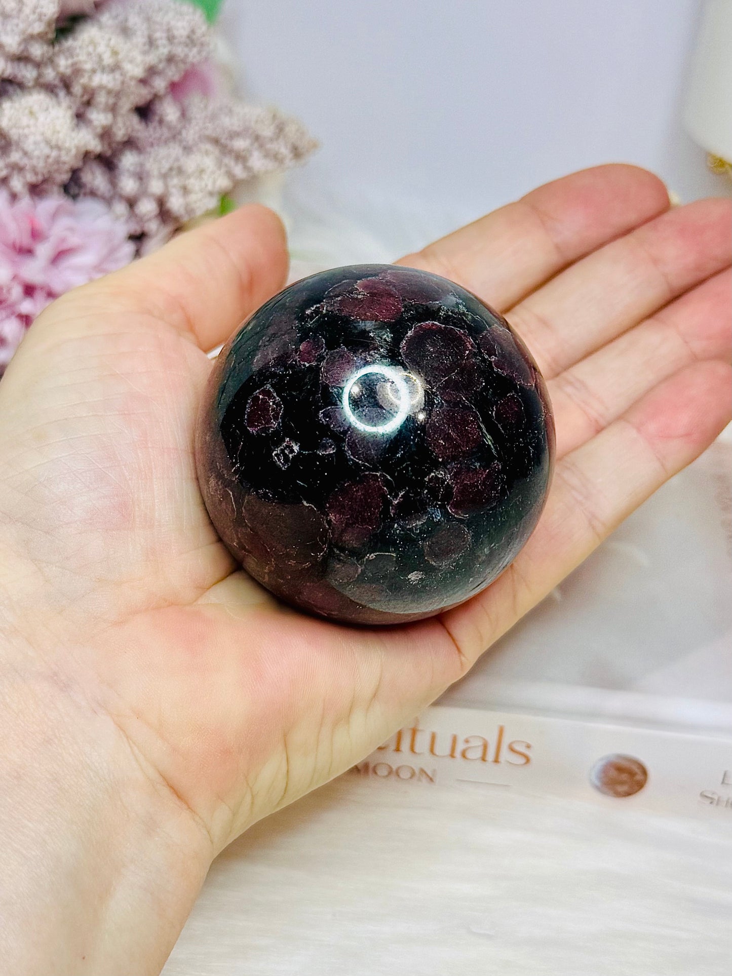 Garnet In Astrophyllite Sphere 282g On Stand