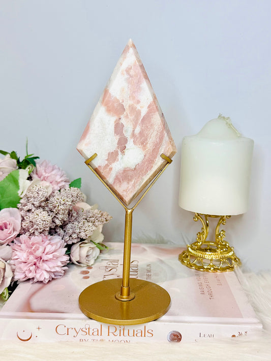 Large 22cm Pink Opal Diamond On Gold Stand