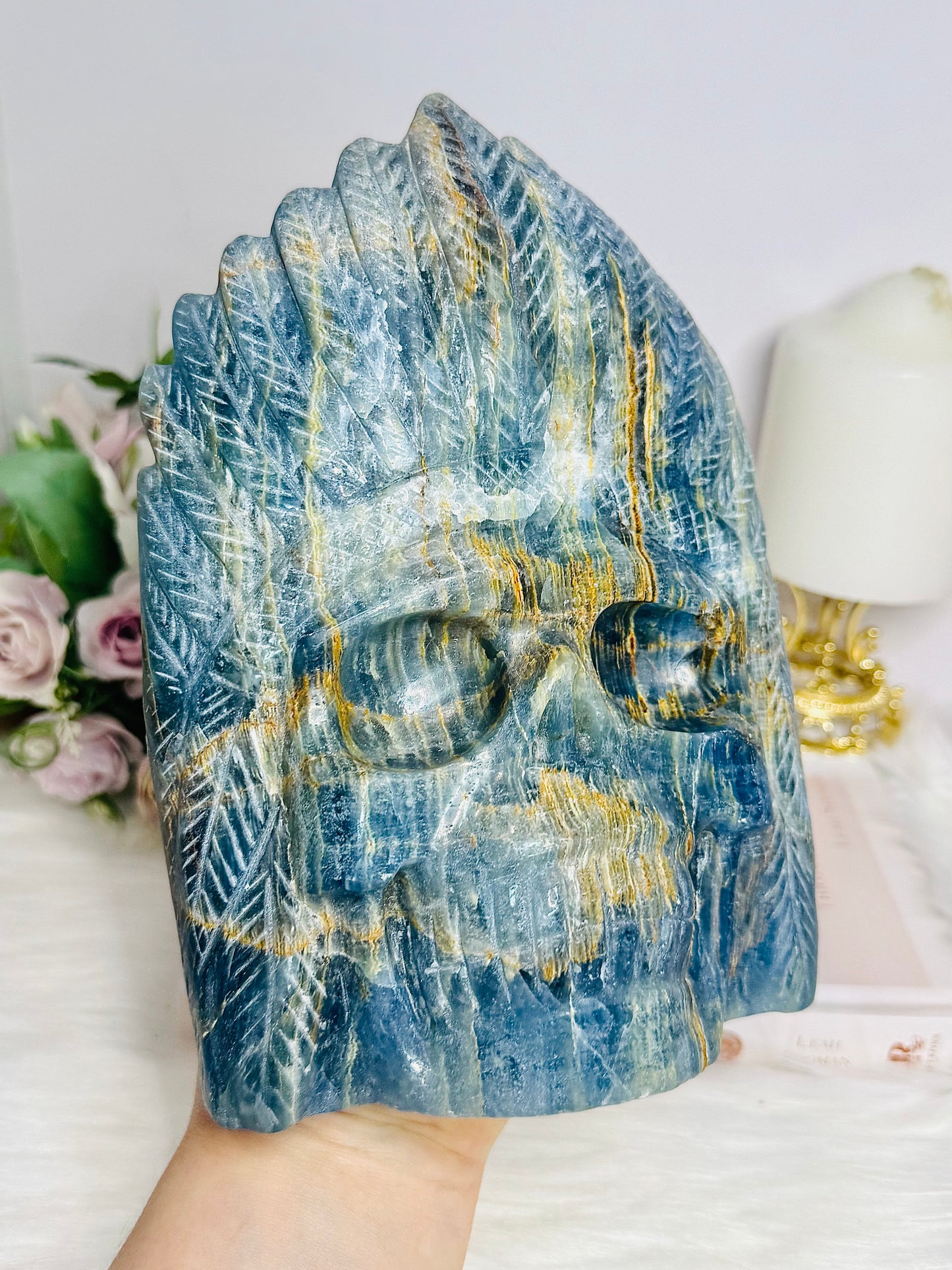 Large Natural Blue Onyx Carved Skull with Feather Headdress 19.5cm