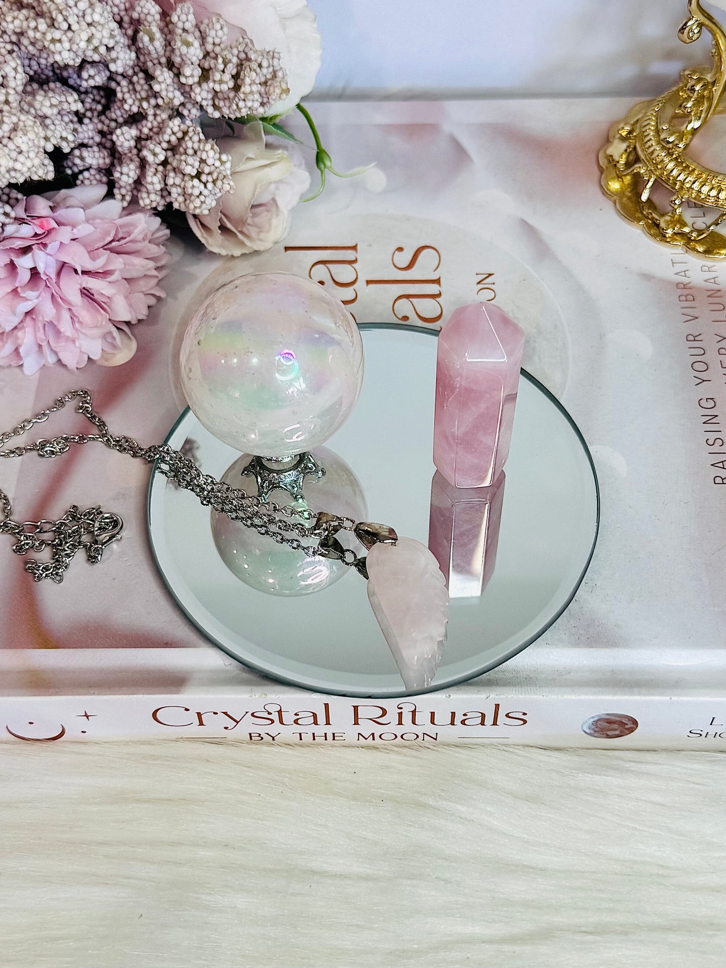 Rose Quartz Gift Set ~ Angel Aura Rose Quartz Sphere, Rose Quartz Tower & Rose Quartz Wing Necklace on Mirror Tray 10cm