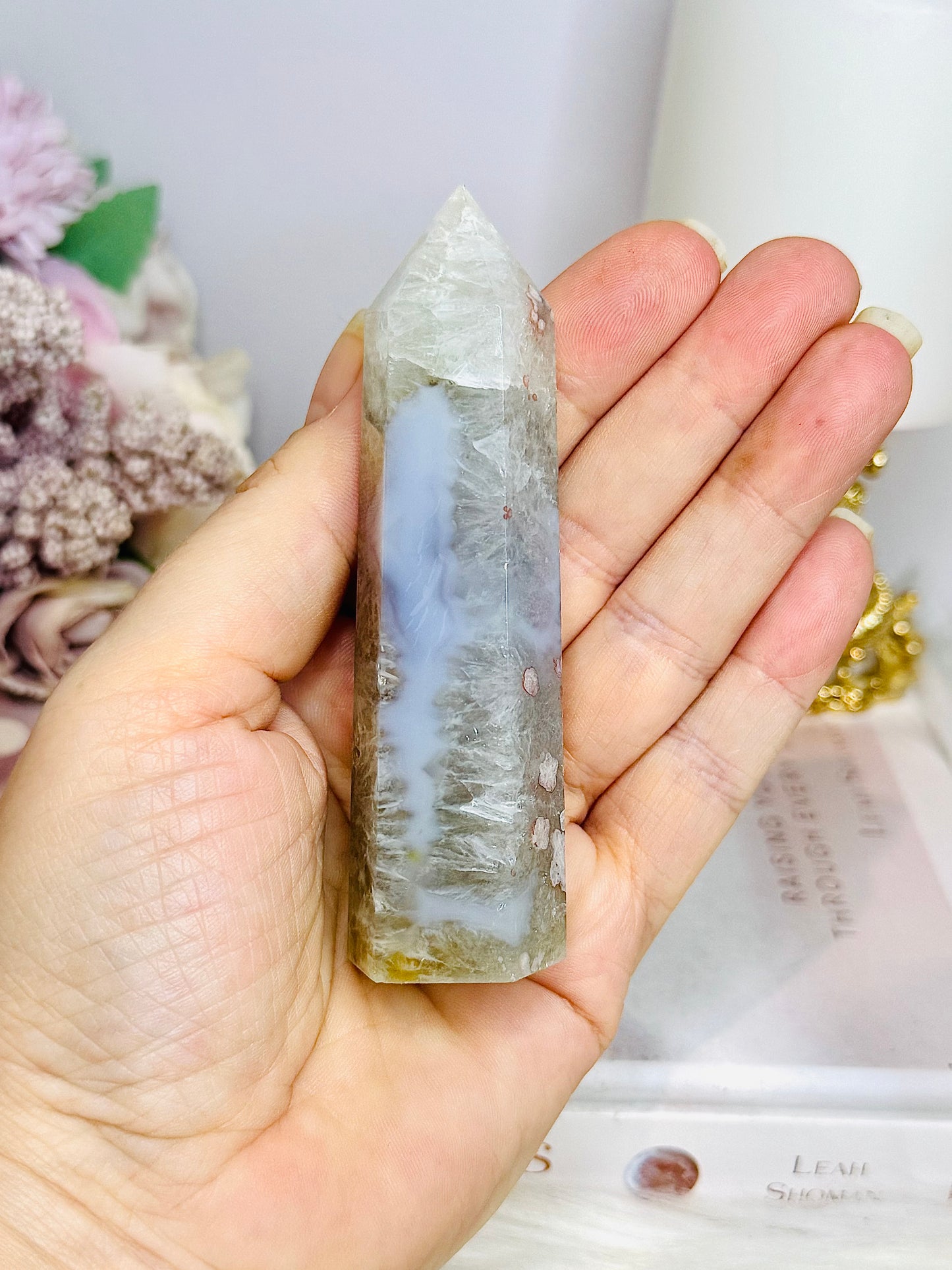 Green Flower Agate Tower 10cm