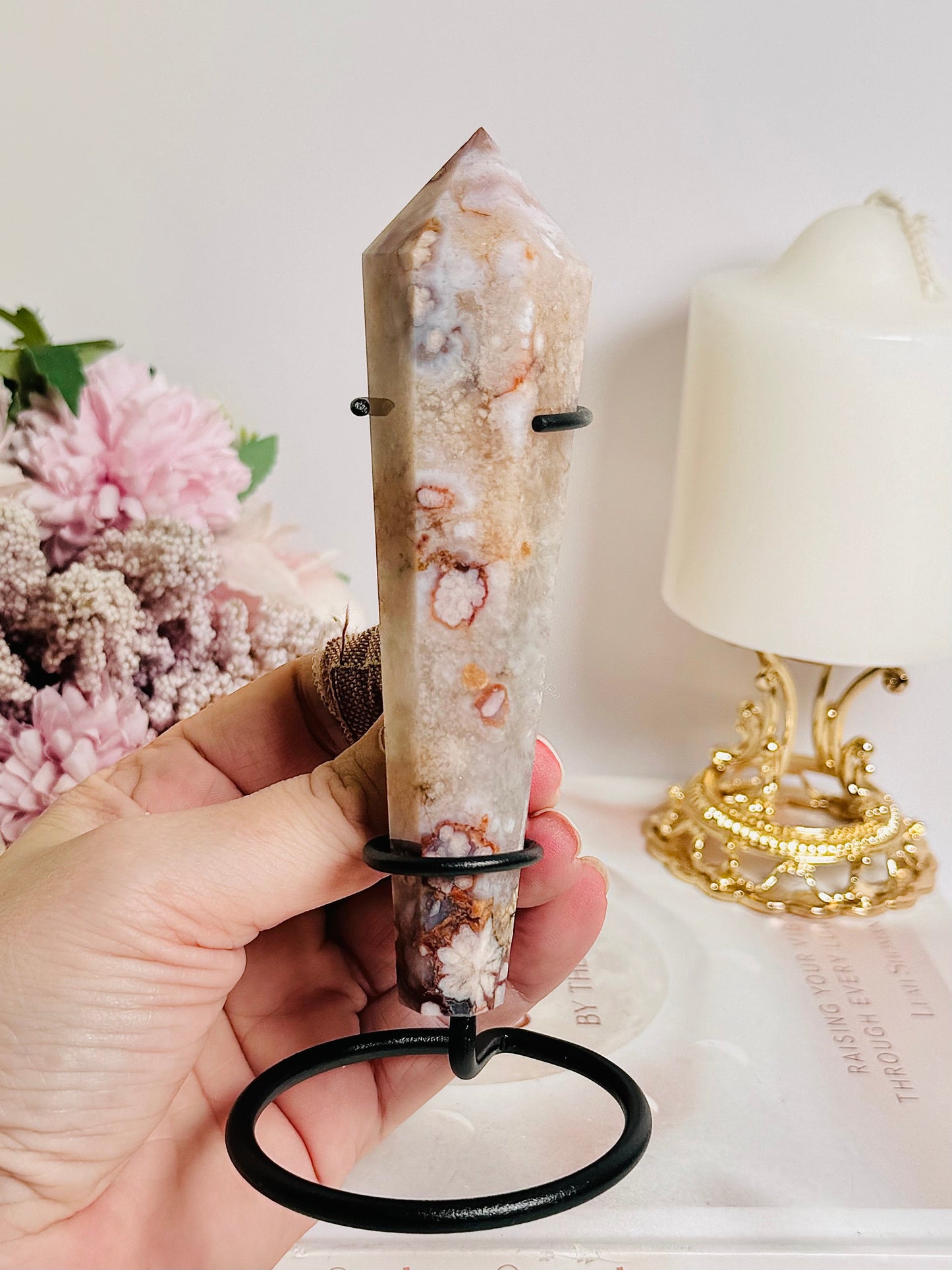 Flower Agate Carved Wand On Stand 15cm