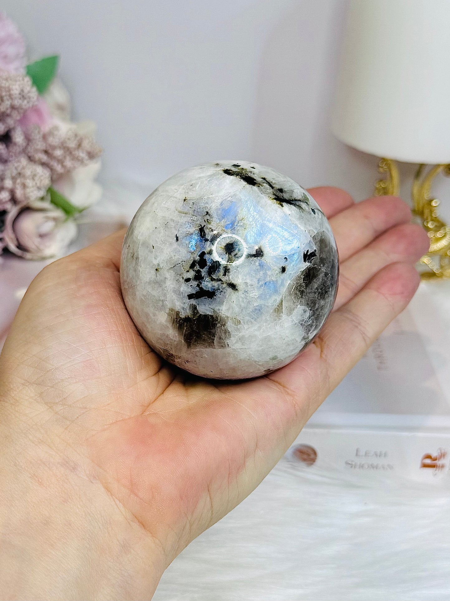 Rainbow Moonstone Sphere on Stand with Blue Flash 337g