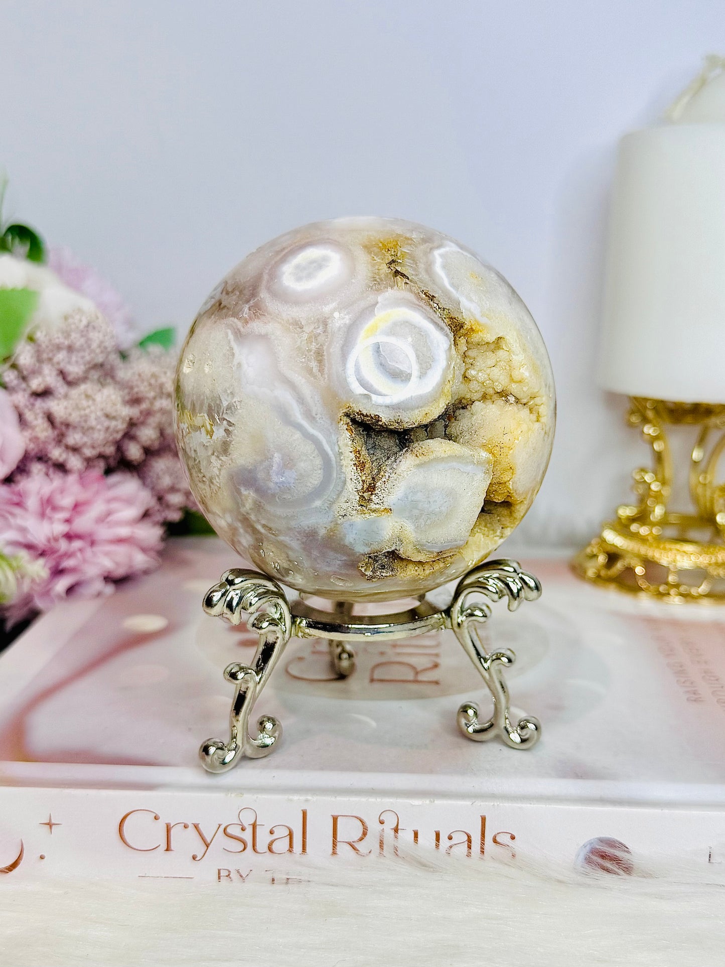 Large Flower Agate Druzy Sphere 646g On Stand