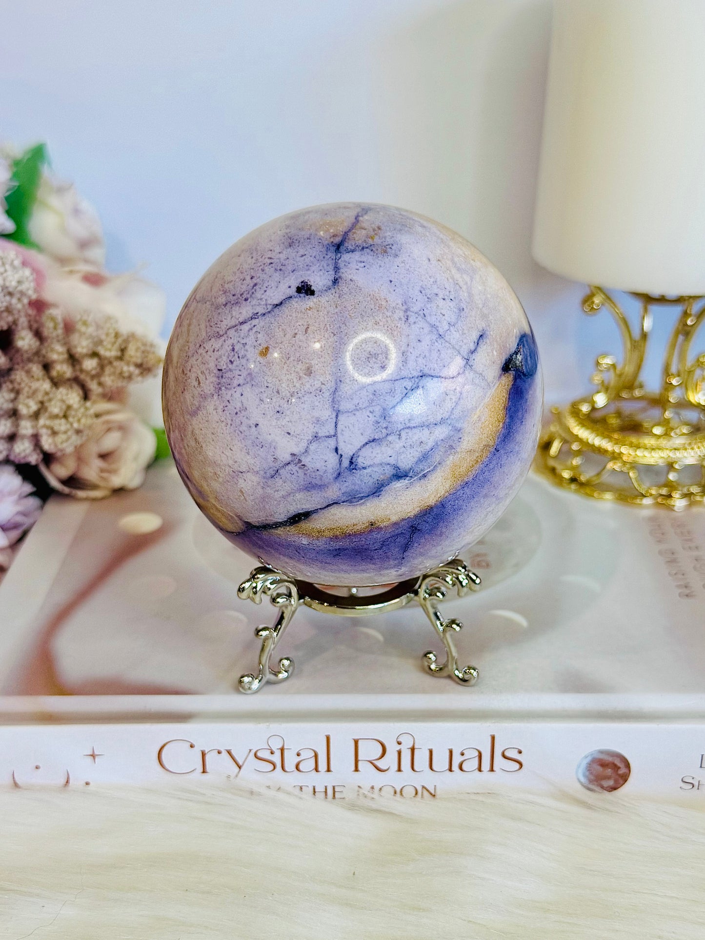 High Grade Rare Incredible Large Natural Tiffany Stone Carved Sphere On Stand 8cm 678grams