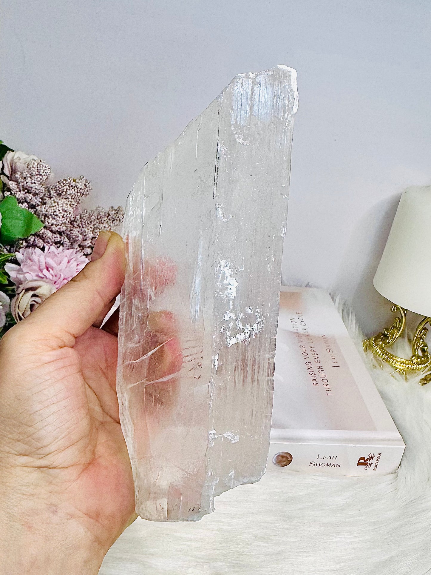 Natural Large Selenite Slab on Timber Stand 19.5cm 701g