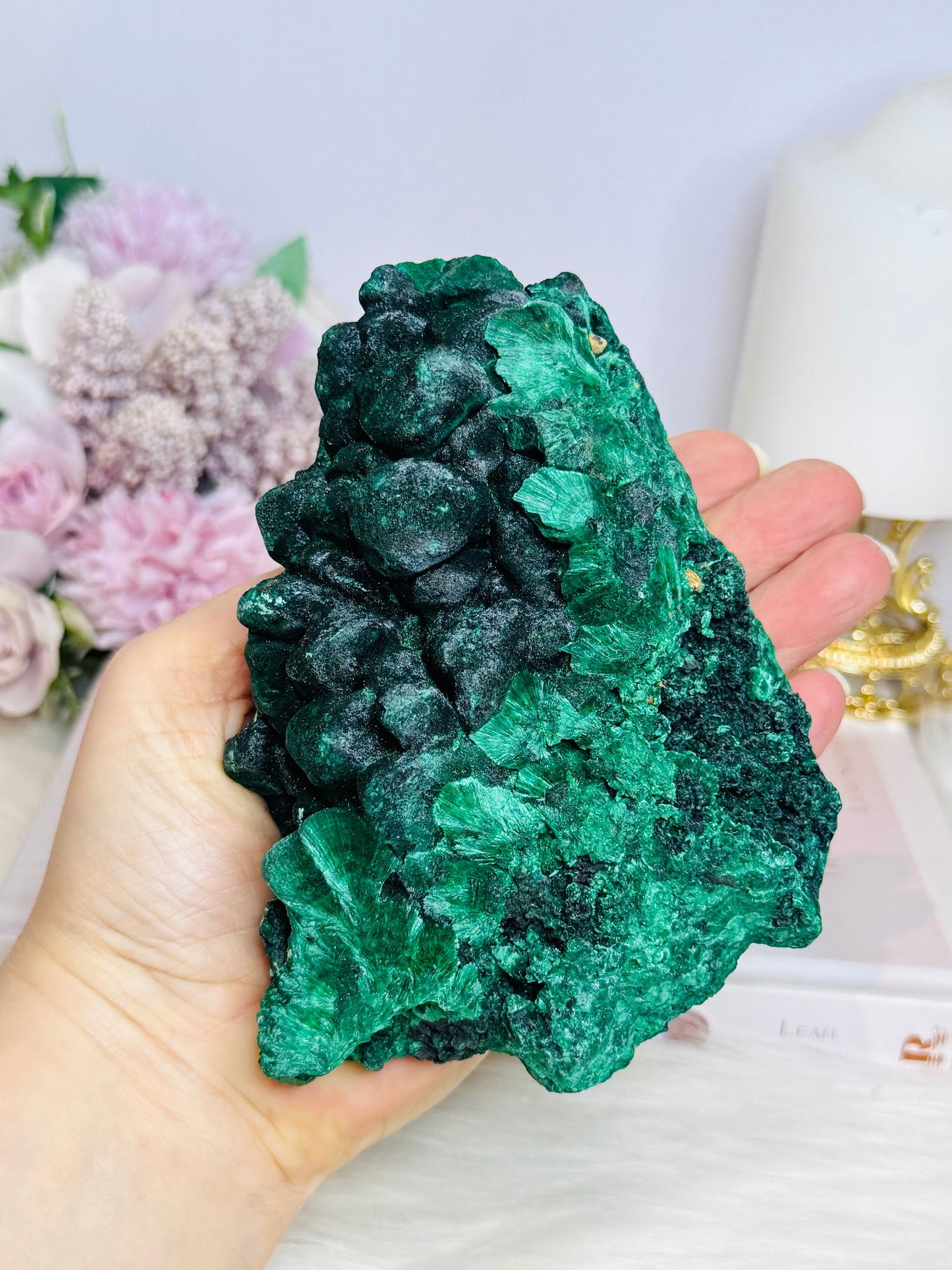 High Grade Velvet Botryoidal Malachite Natural Specimen on Stand 882g 15cm