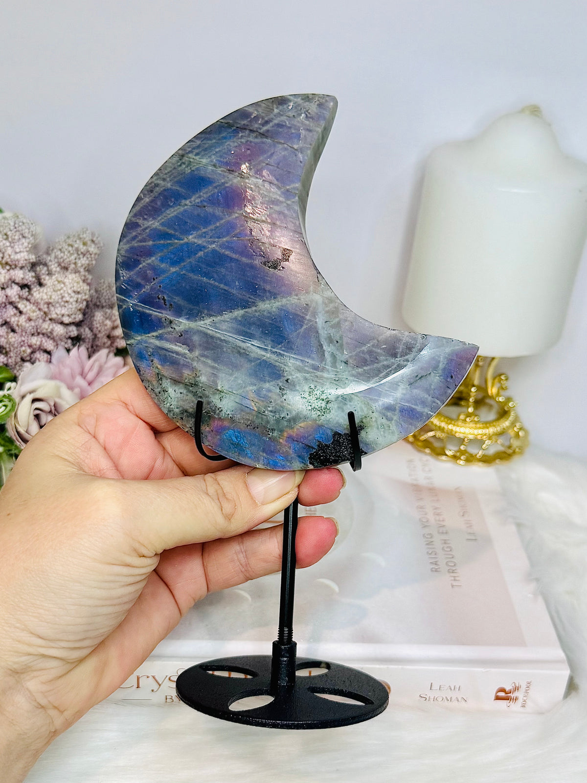 High Grade Large Labradorite Carved Moon Full of Flash 19.5cm