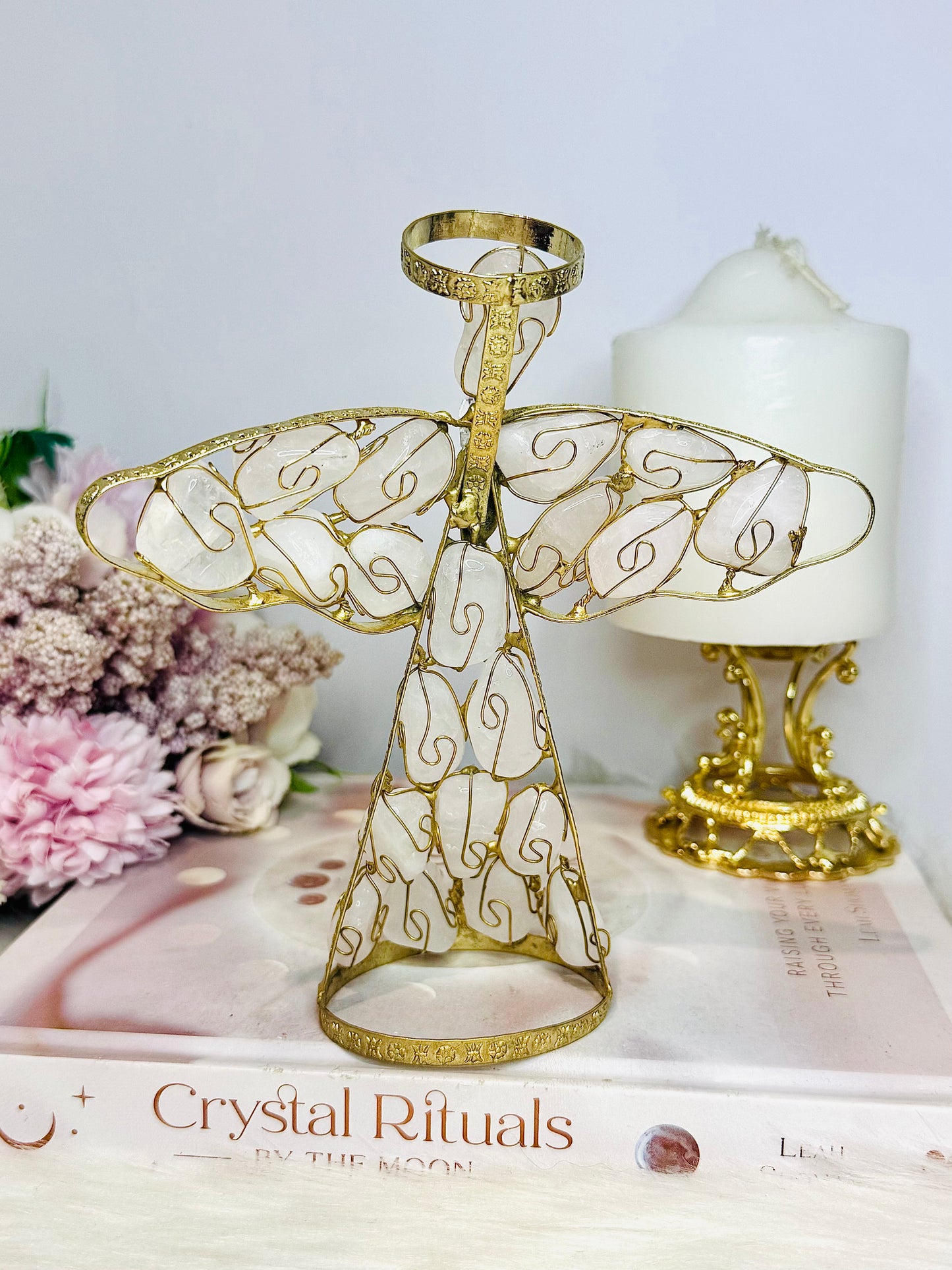 Large 16cm Rose Quartz Gold Angel with Vera Cruz