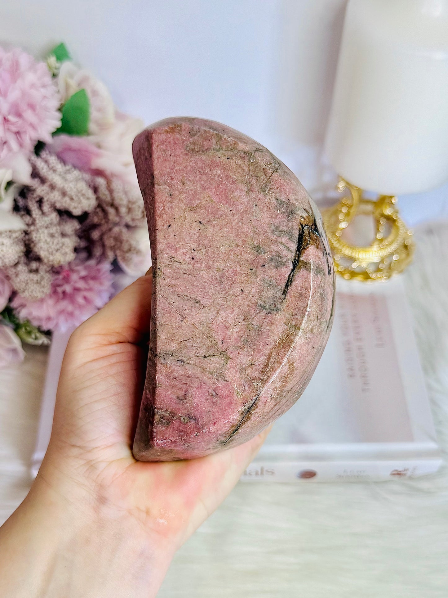 Chunky Large Rhodonite Carved Moon Bowl 12cm 559grams