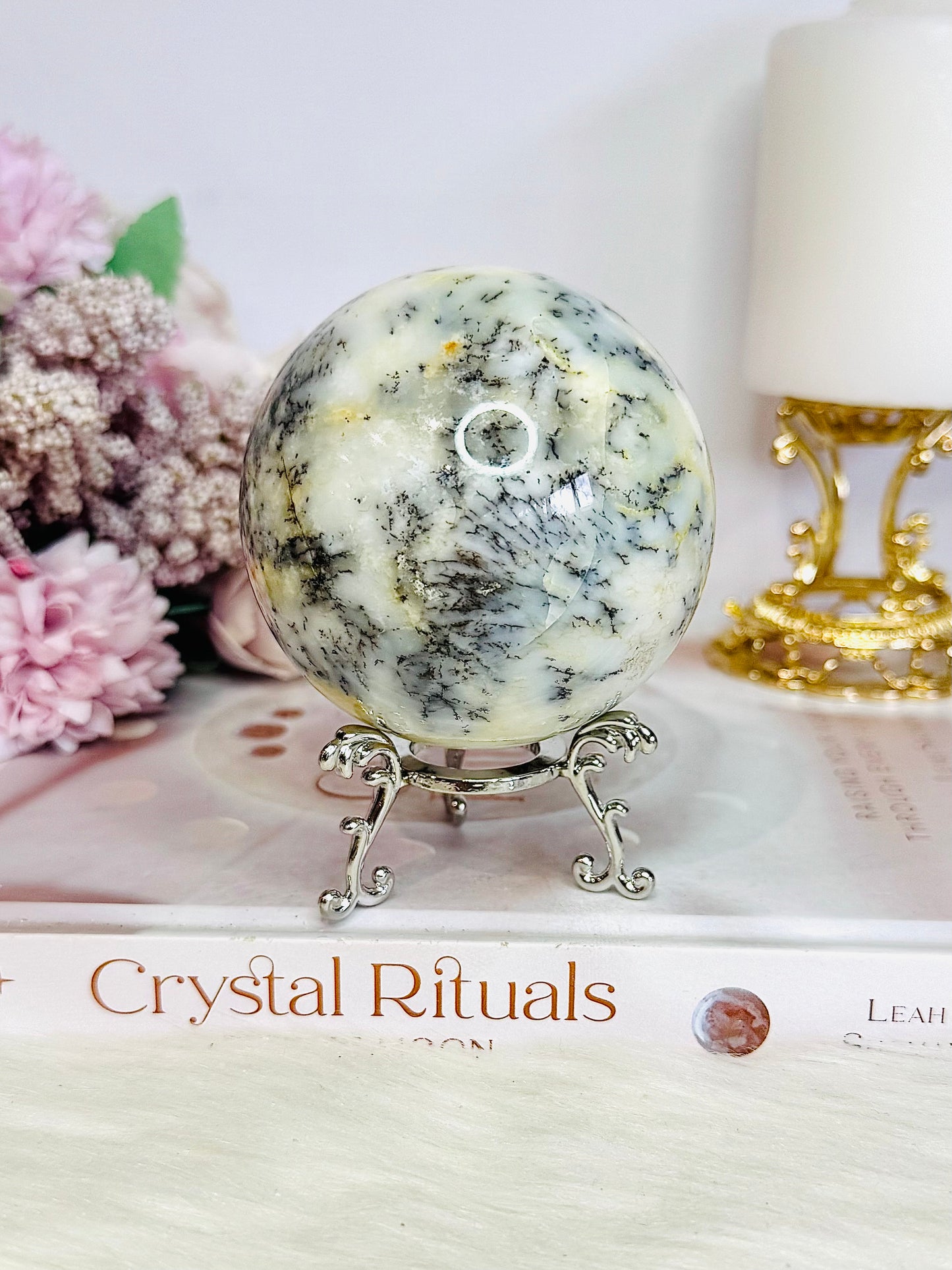 Large 404gram Dentrictic Opal Sphere On Silver Stand