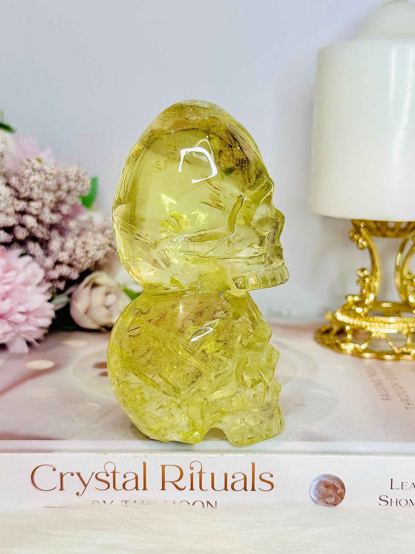 High Grade Citrine Carved Skulls with Rainbows 12cm 425g